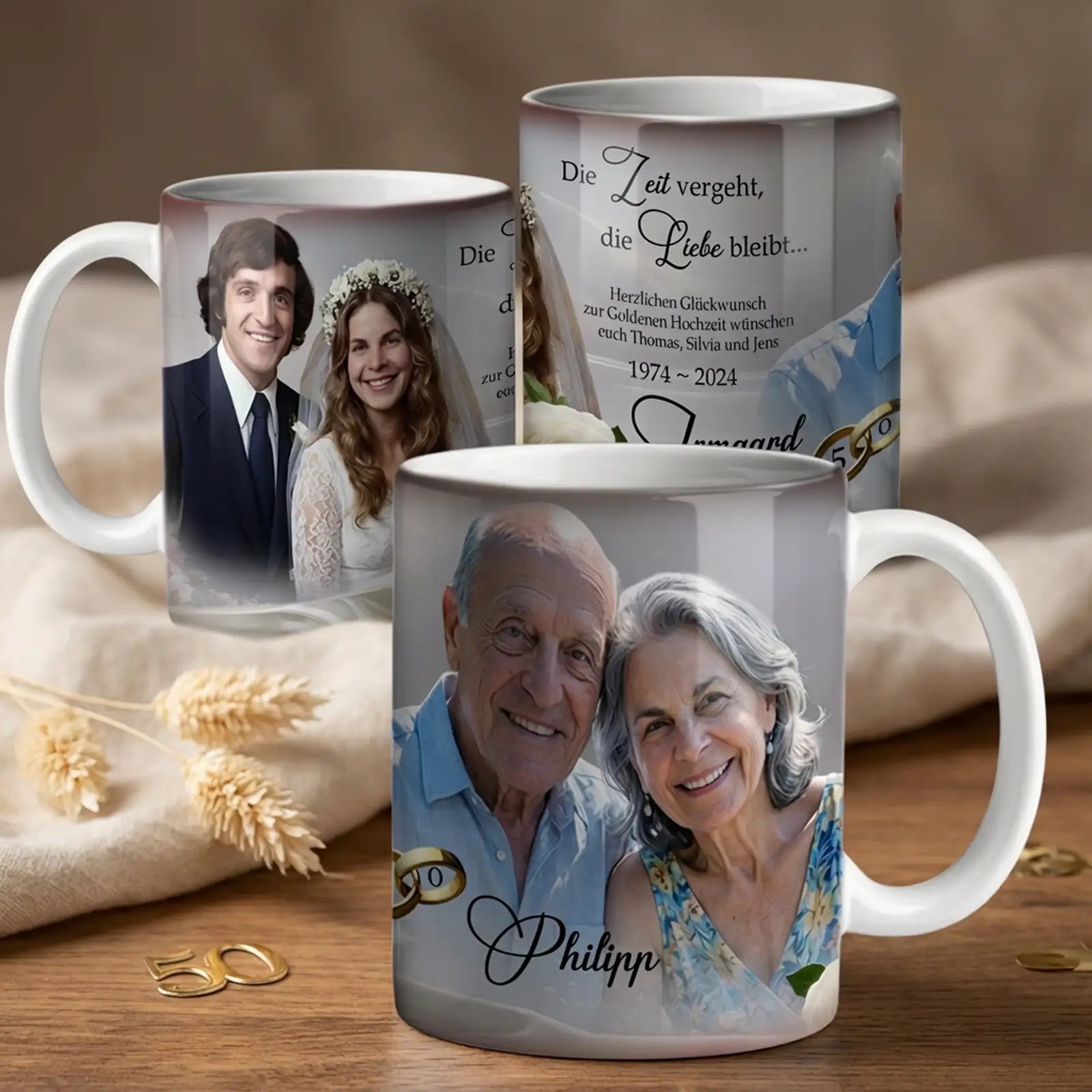 Geschenk zur Goldenen Hochzeit: originelle Tasse mit persönlichen Fotos und liebevollen Erinnerungen. Zum 50. Hochzeitstag.