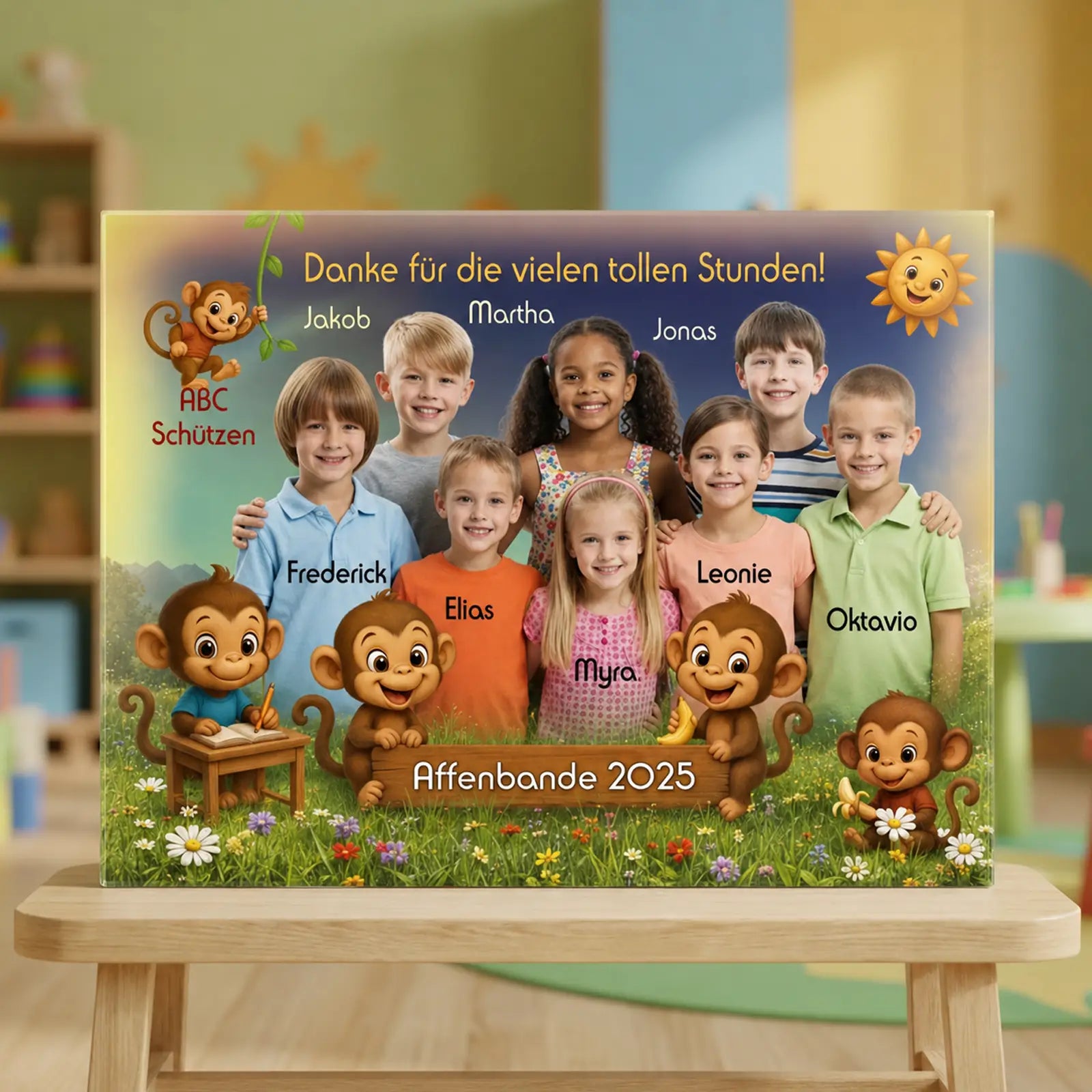 Ein personalisiertes Acrylglasbild mit Gruppenfoto und Namen, als Geschenk zum Abschied vom Kindergarten für Erzieher und Erzieherinnen. Einzigartig an das Thema Affenbande angepasst