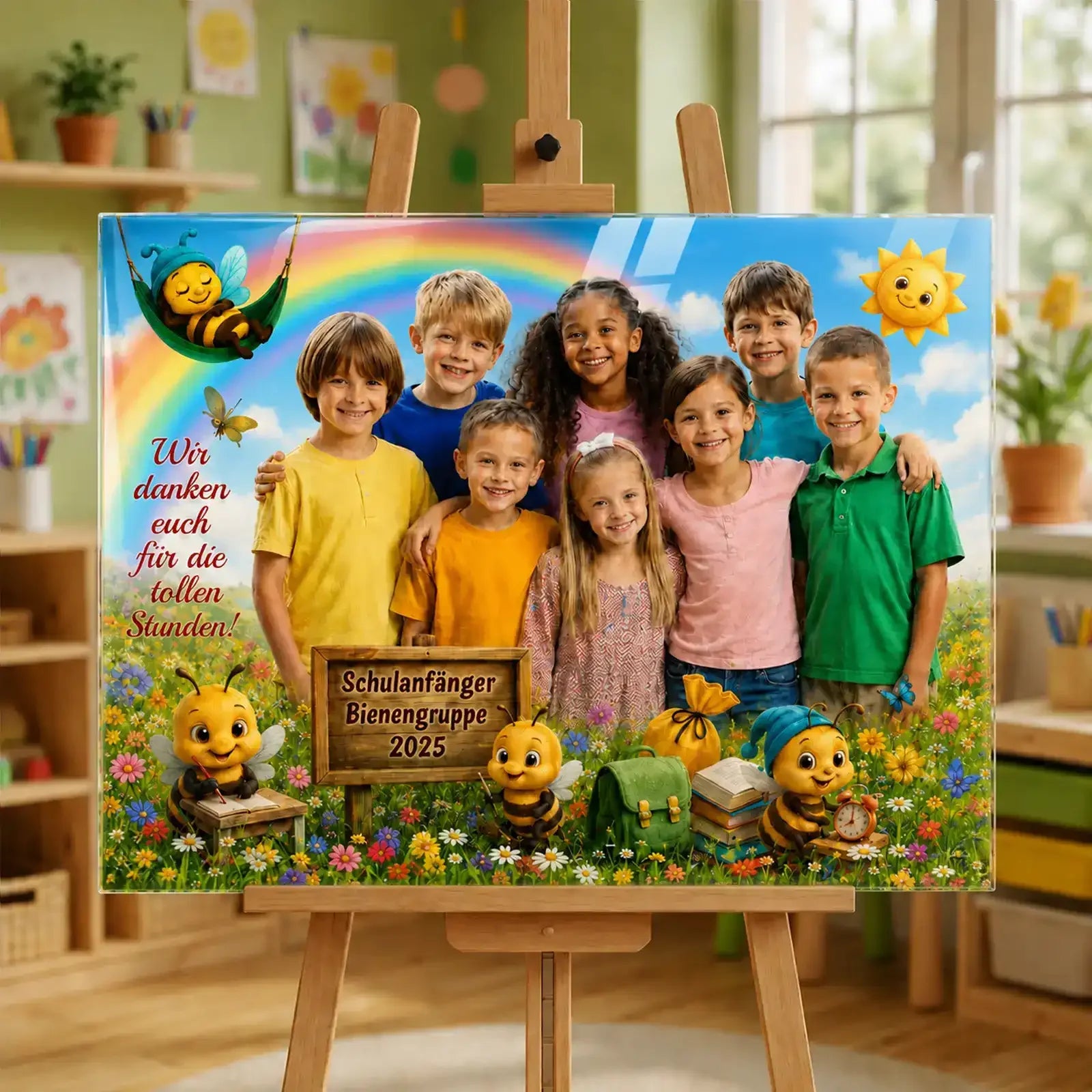Ein liebevoll personalisiertes Acrylglasbild mit Gruppenfoto und Namen, als Geschenk zum Abschied vom Kindergarten für Erzieher und Erzieherinnen. Passend zum Gruppennamen Bienengruppe