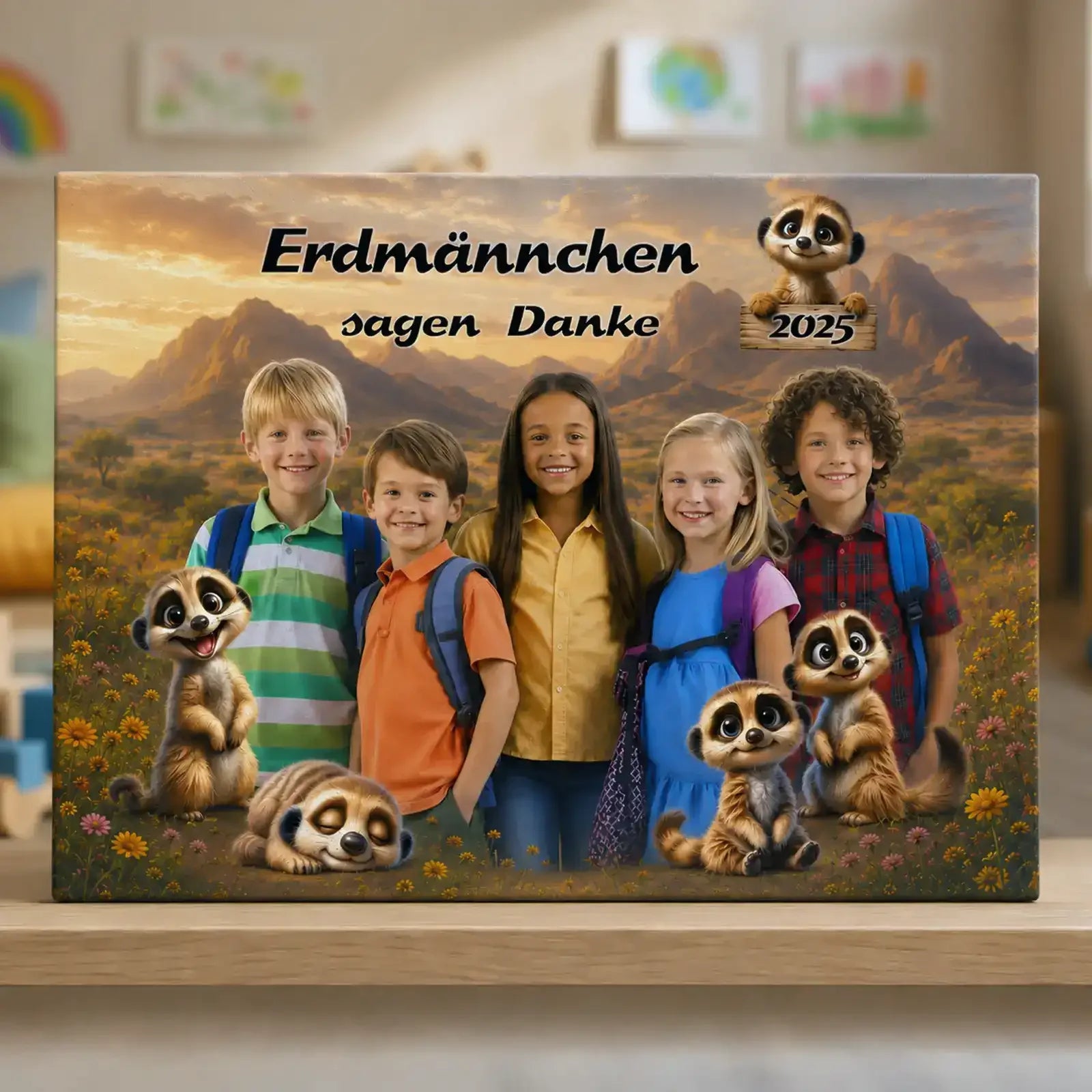 Ein personalisiertes Acrylglasbild mit Gruppenfoto und Namen, als Dankeschön. Geschenk zum Abschied vom Kindergarten für Erzieher und Erzieherinnen mit Anpassung an die Gruppe Erdmännchen