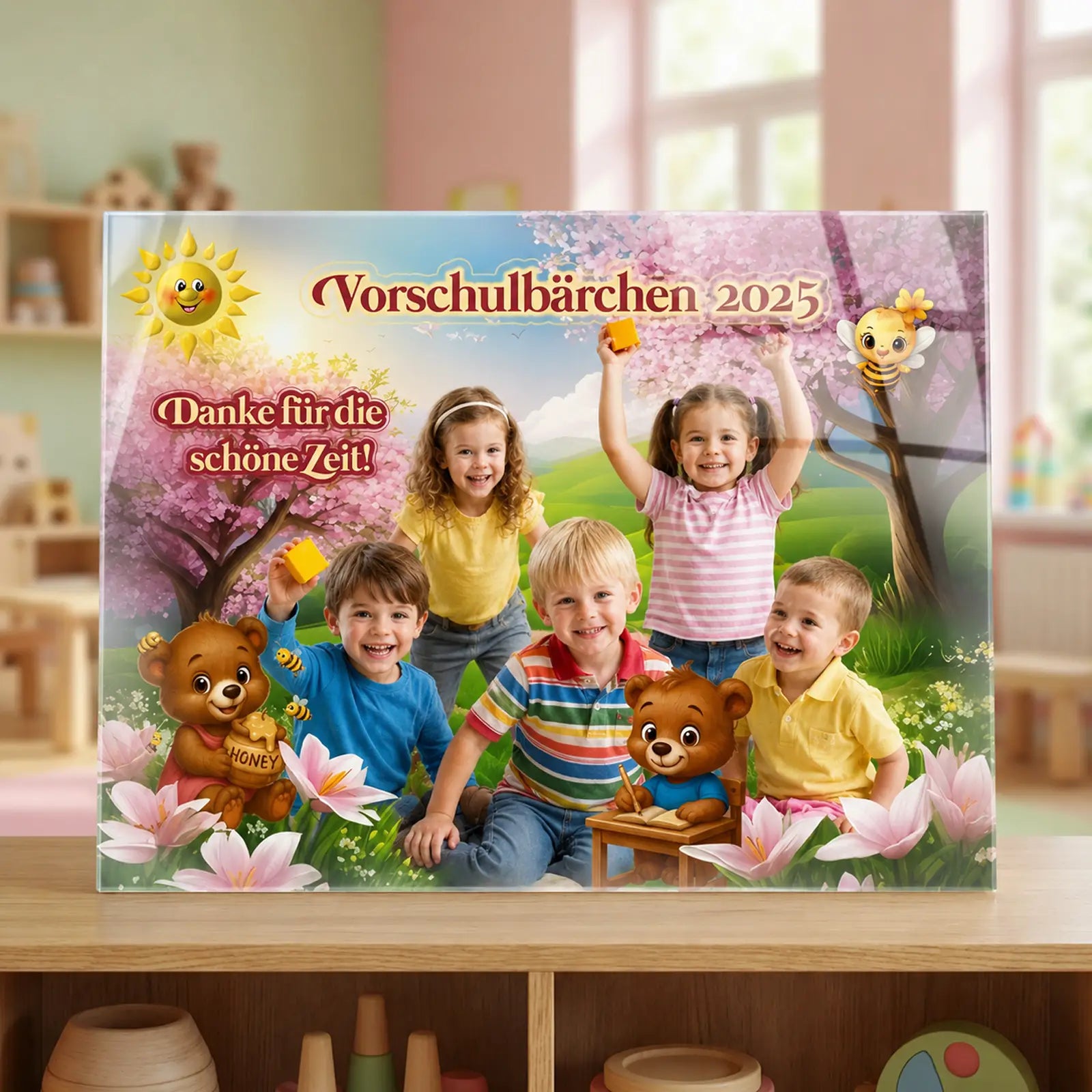 Ein personalisiertes Acrylglasbild mit Gruppenfoto und Namen, als Geschenk zum Abschied vom Kindergarten für Erzieher und Erzieherinnen. Passend zum Thema Vorschulbärchen