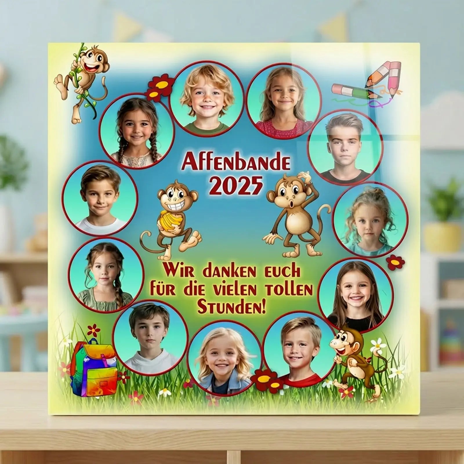Personalisierbare Leinwand mit Affen-Motiv, Kinderfotos und Namen als Abschiedsgeschenk für Kindergarten, Kita oder Vorschule.
