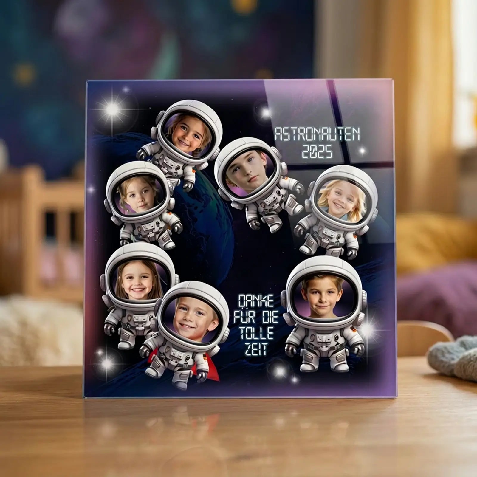 Personalisierbares Acrylglasbild mit Astronauten-Motiv, Kinderfotos und Namen als Abschiedsgeschenk für Kindergarten, Kita oder Vorschule.