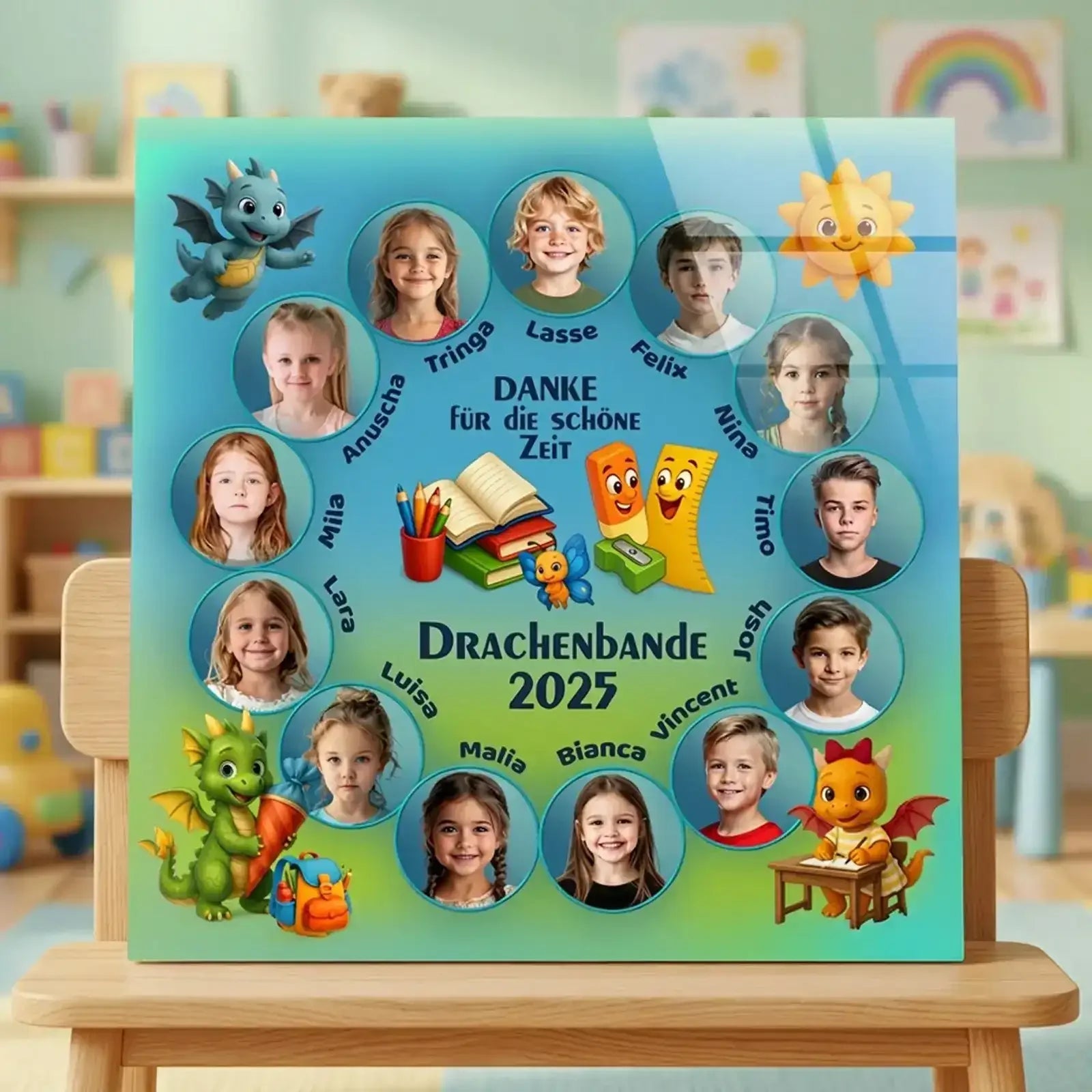 Personalisierbare Leinwand mit Drachen-Motiv, Kinderfotos und Namen als Abschiedsgeschenk für Kindergarten, Kita oder Vorschule.