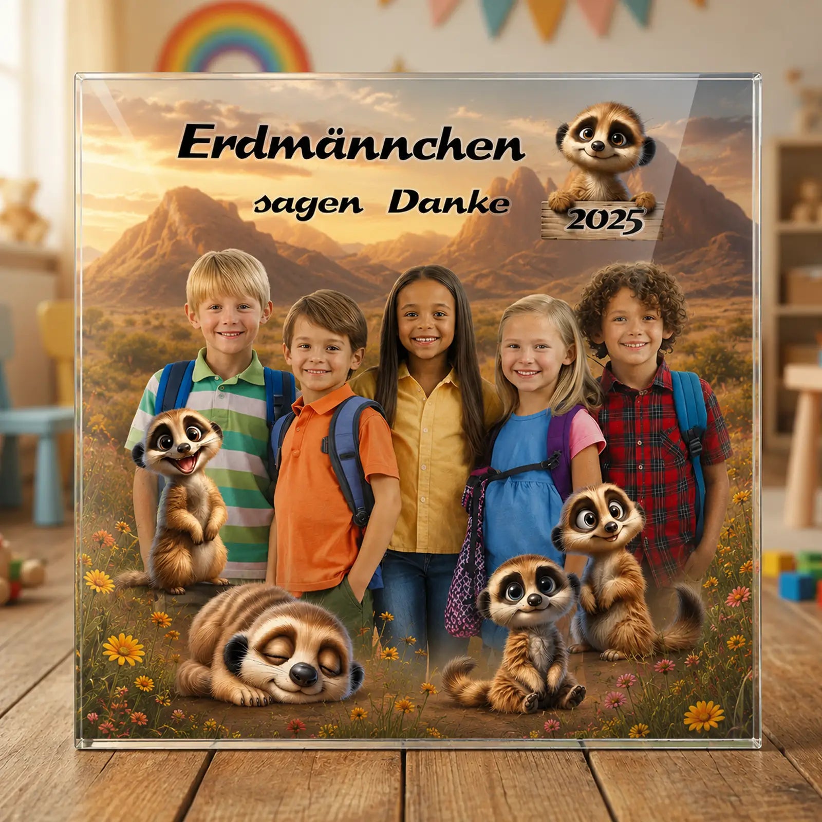 Personalisierbares Acrylglasbild mit Erdmännchen-Motiv, Kinderfotos und warmer Savannenlandschaft als Abschiedsgeschenk für Kindergarten, Kita oder Vorschule.