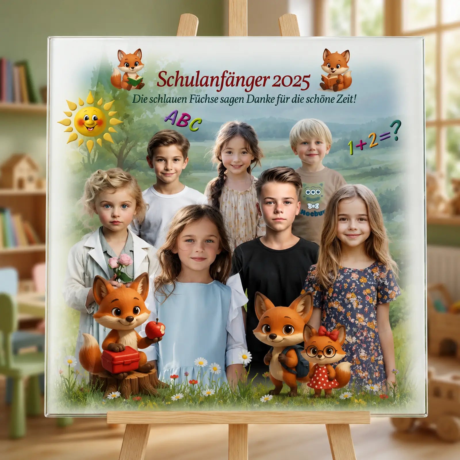 Personalisierbares Acrylglasbild mit Fuchs-Motiv, Kinderfotos, Namen und liebevoller Waldlandschaft als Abschiedsgeschenk für Kindergarten, Kita oder Vorschule.