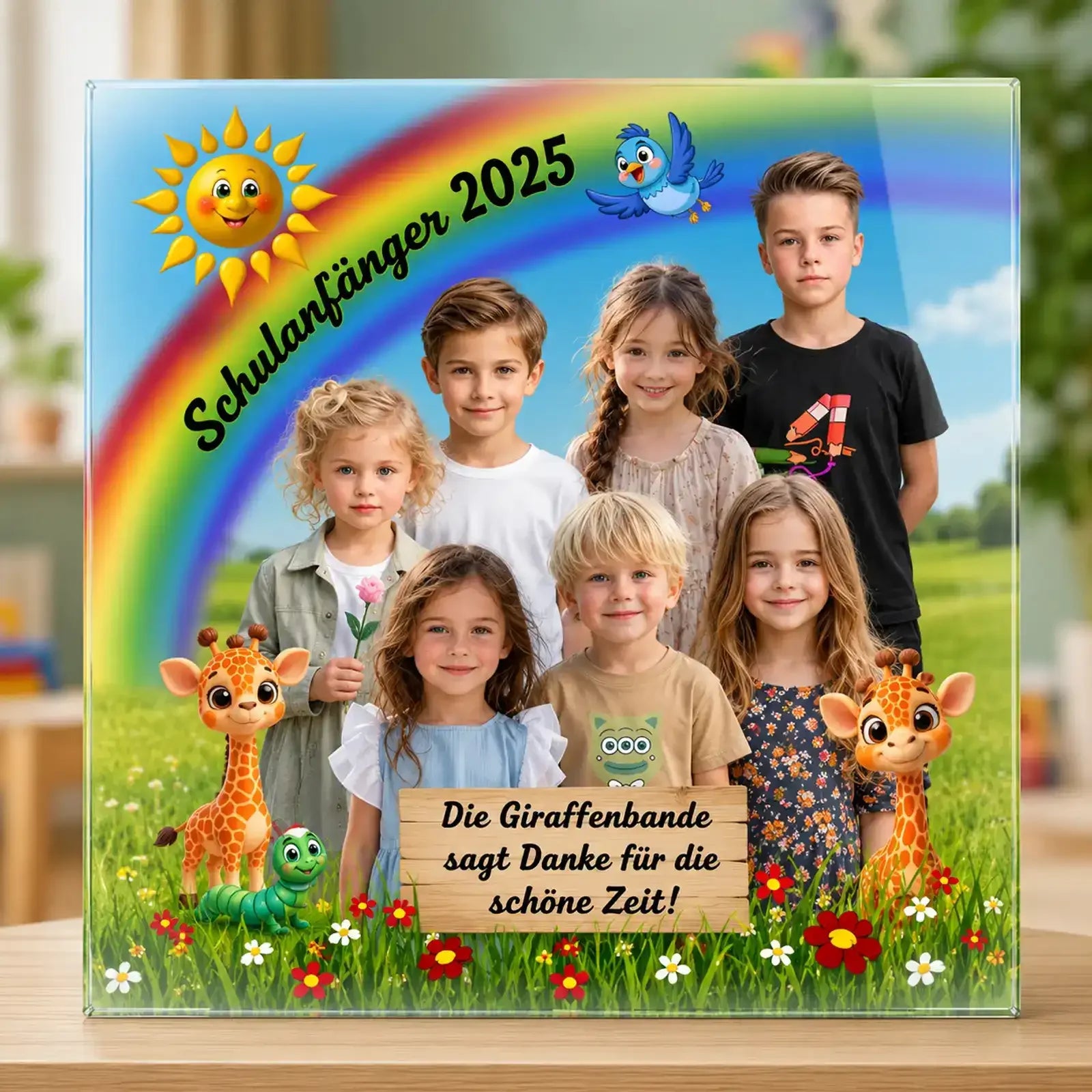 Personalisierbares Acrylglasbild mit Giraffen-Motiv, Kinderfotos, Namen und bunter Wiesenlandschaft als Abschiedsgeschenk für Kindergarten, Kita oder Vorschule.
