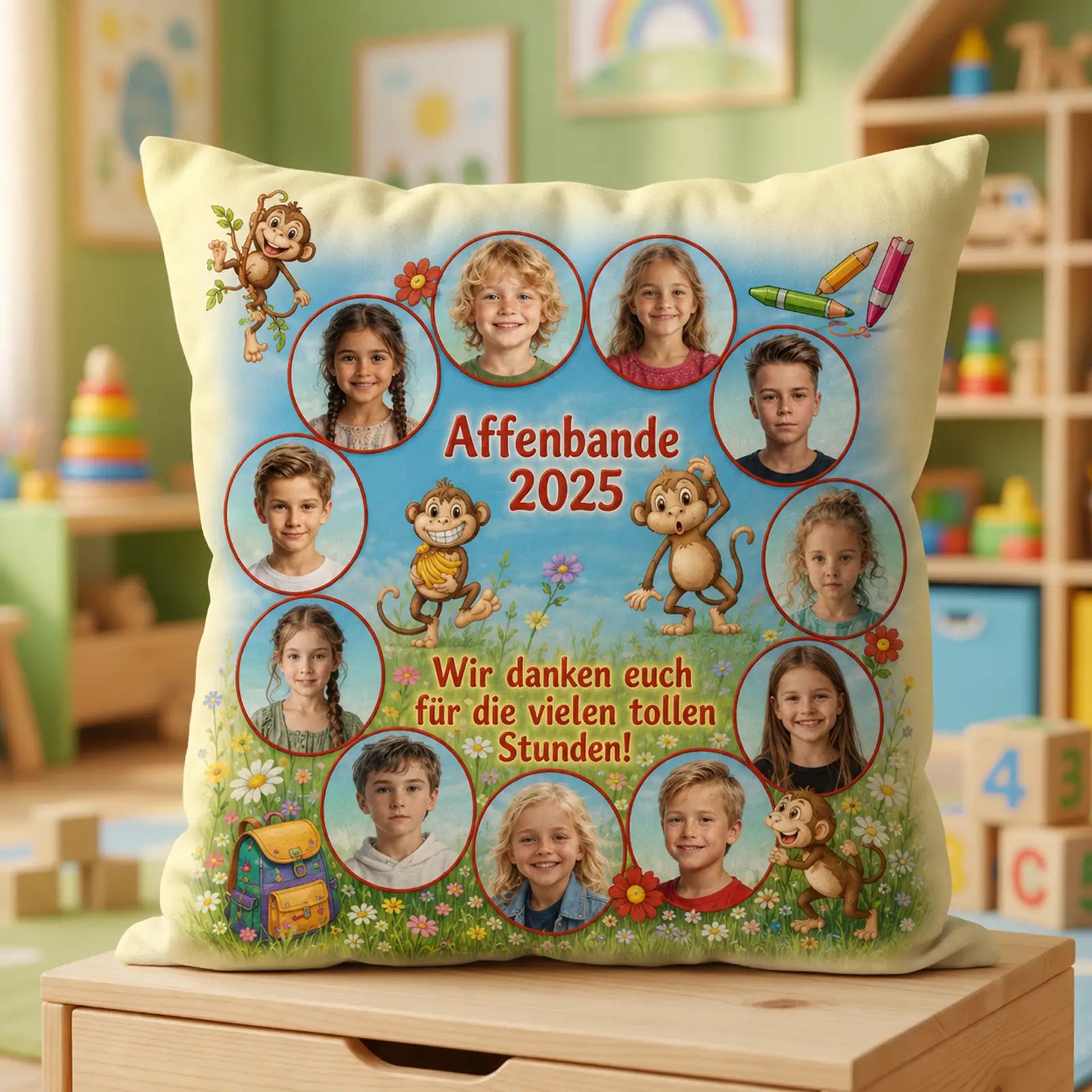 Geschenk für Erzieherinnen: Fotokissen mit Gruppenfotos der Kinder zum Abschied vom Kindergarten, Affenband 2025.