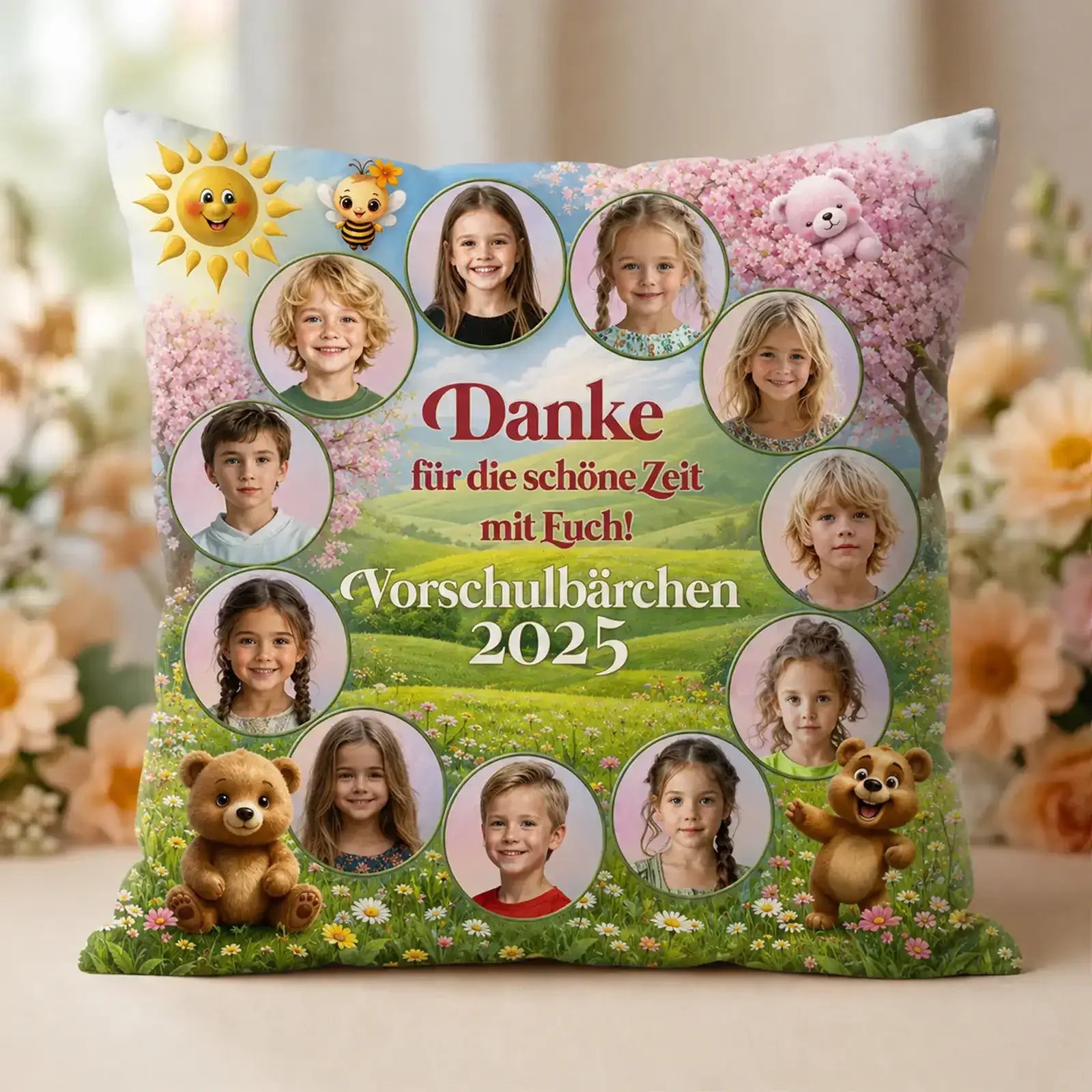 Geschenk für Erzieherinnen - Fotokissen mit Kinderfotos und Dankeschön zur Erinnerung an die Kindergartenzeit 2025.