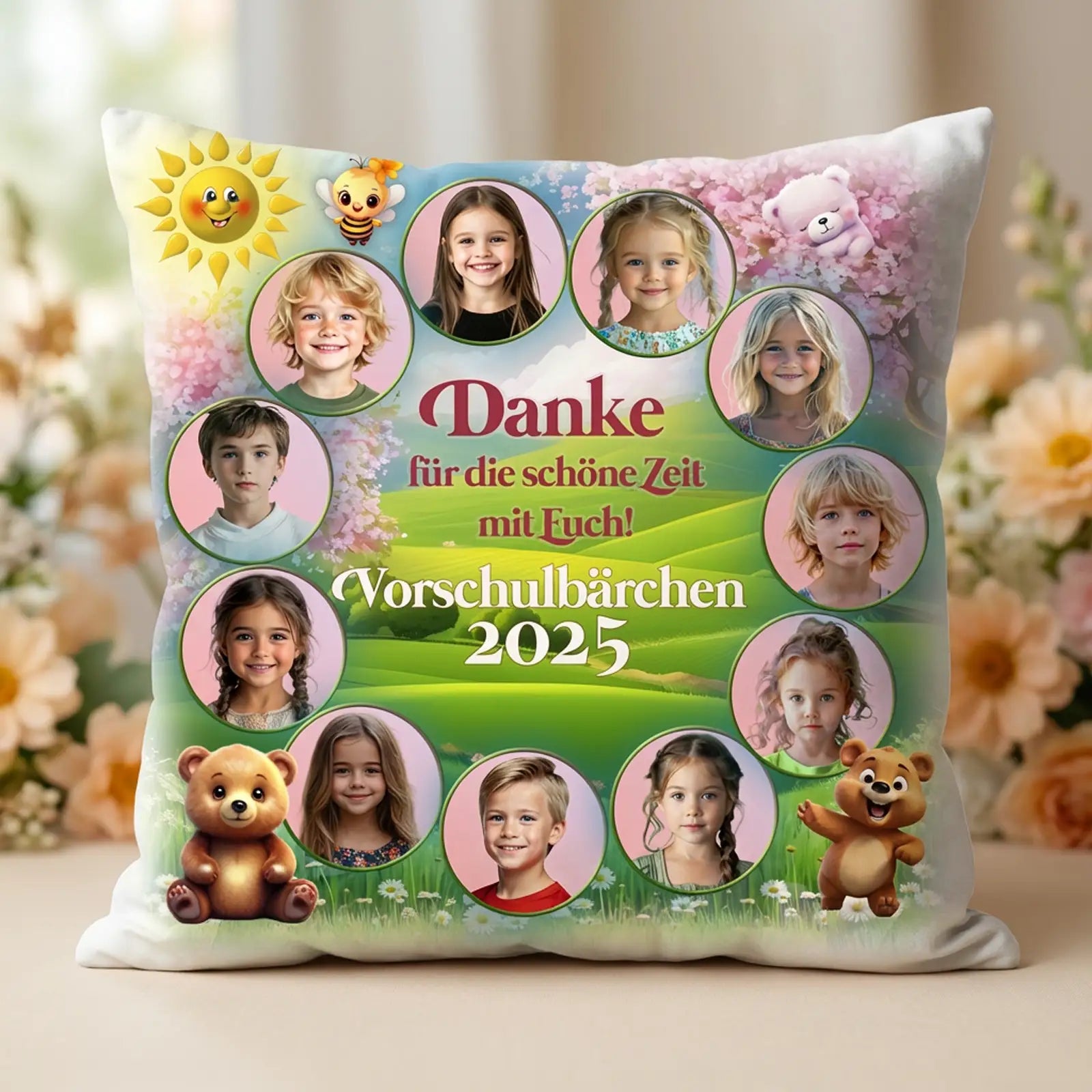 Geschenk für Erzieherinnen - Fotokissen mit Kinderfotos und Dankeschön zur Erinnerung an die Kindergartenzeit 2025.