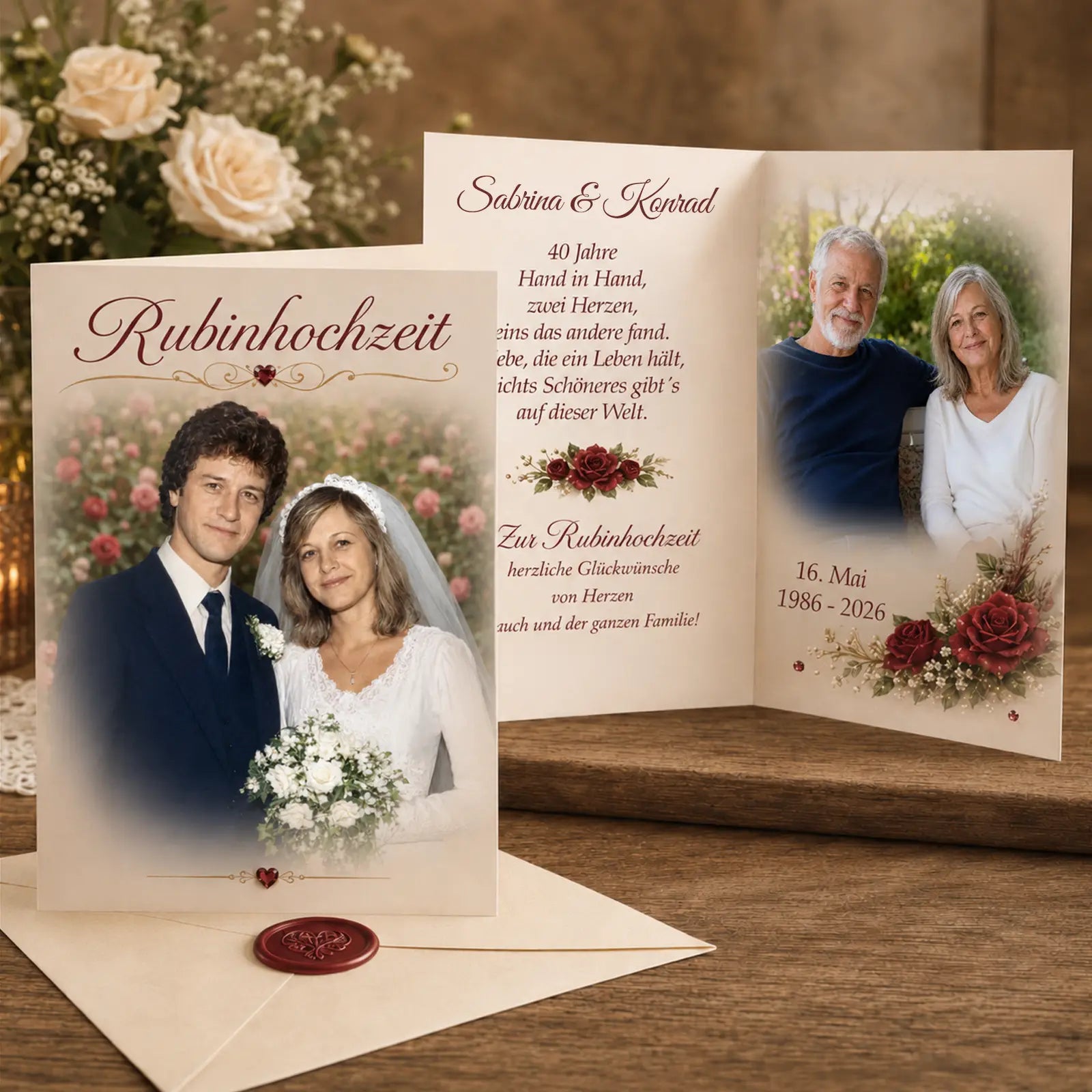 Persoanlisierte Glückwunschkarte zur Rubinhochzeit mit Fotos und Text. Außen und Innen beschriftet. Sehr exklusives Geschenk zum 40. Hochzeitstag.