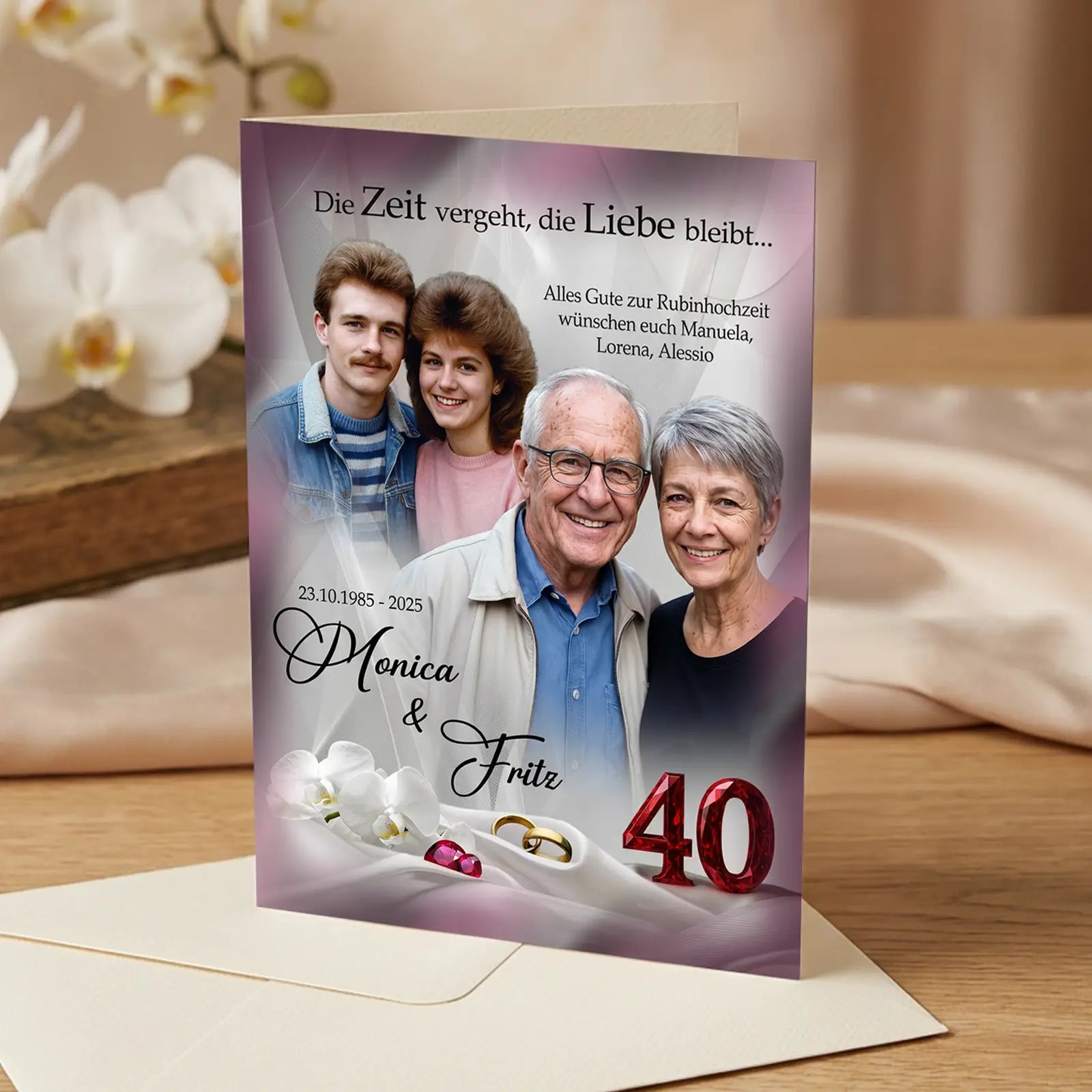 Geschenk zur Rubinhochzeit: Personalisierte Karte mit Foto damals und heute zum 40. Hochzeitstag