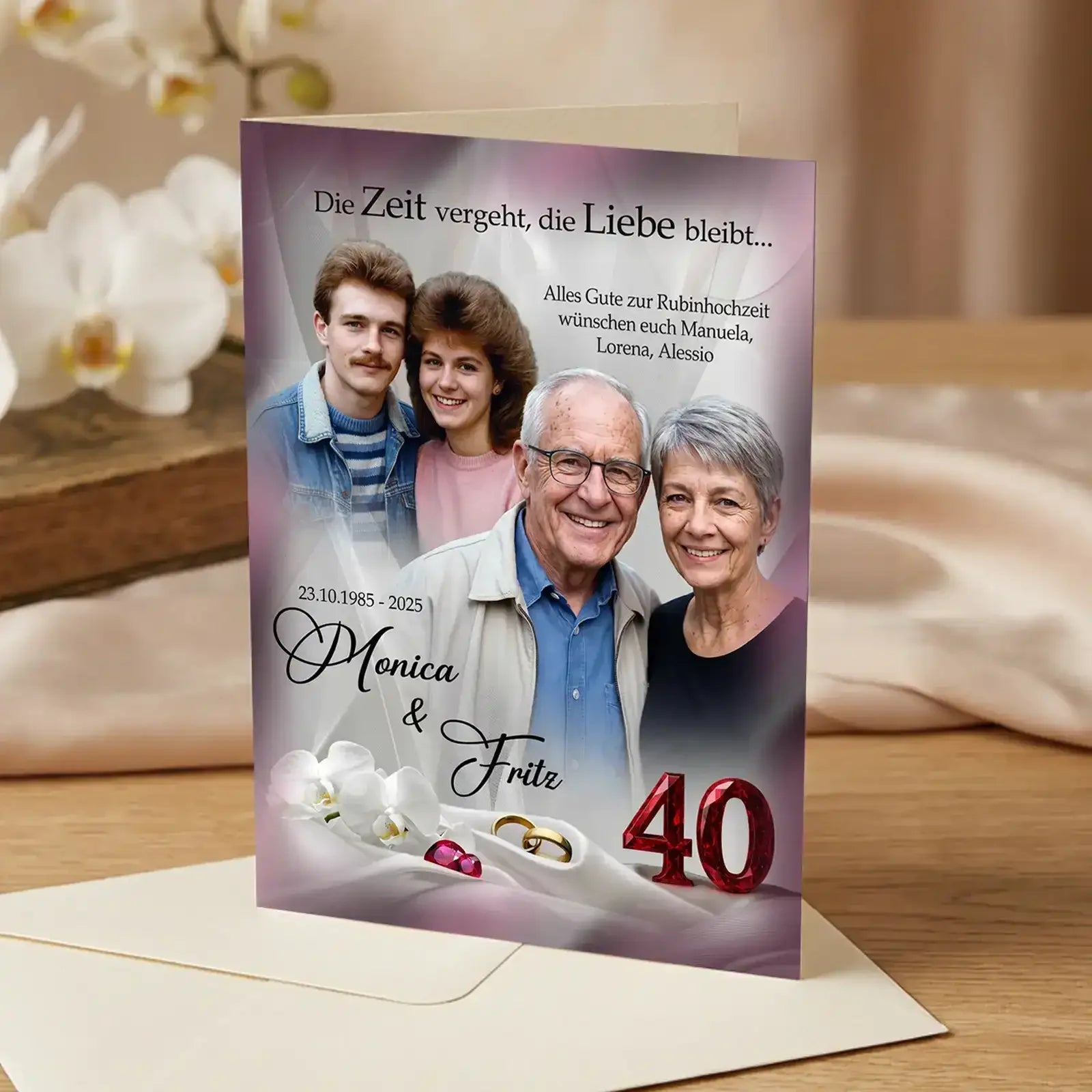 Geschenk zur Rubinhochzeit: Personalisierte Karte mit Foto damals und heute zum 40. Hochzeitstag
