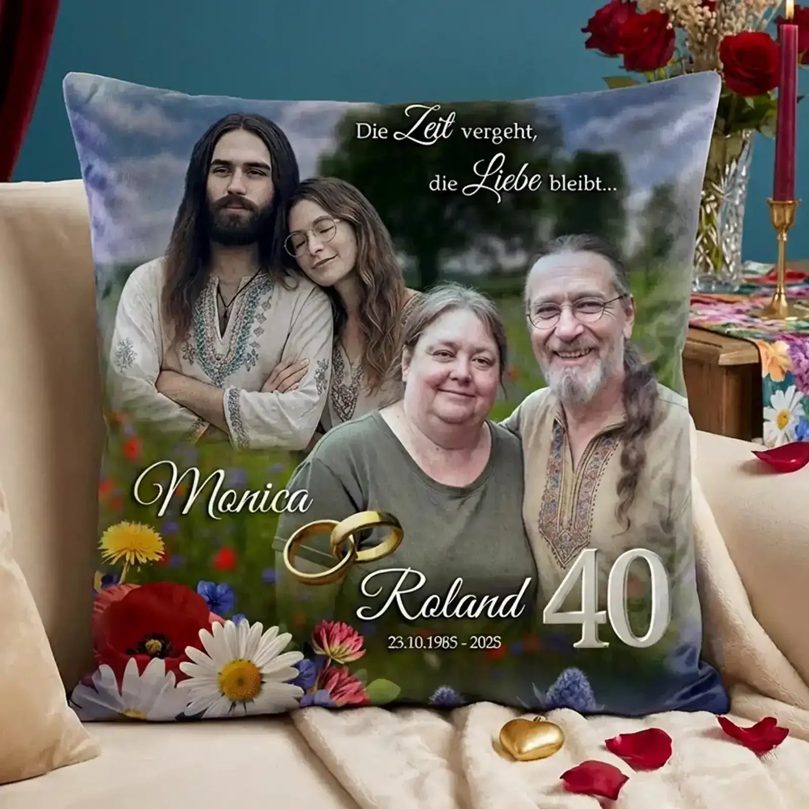 Kissen zum 40. Hochzeitstag als Geschenk zur Rubinhochzeit mit Foto damals und heute