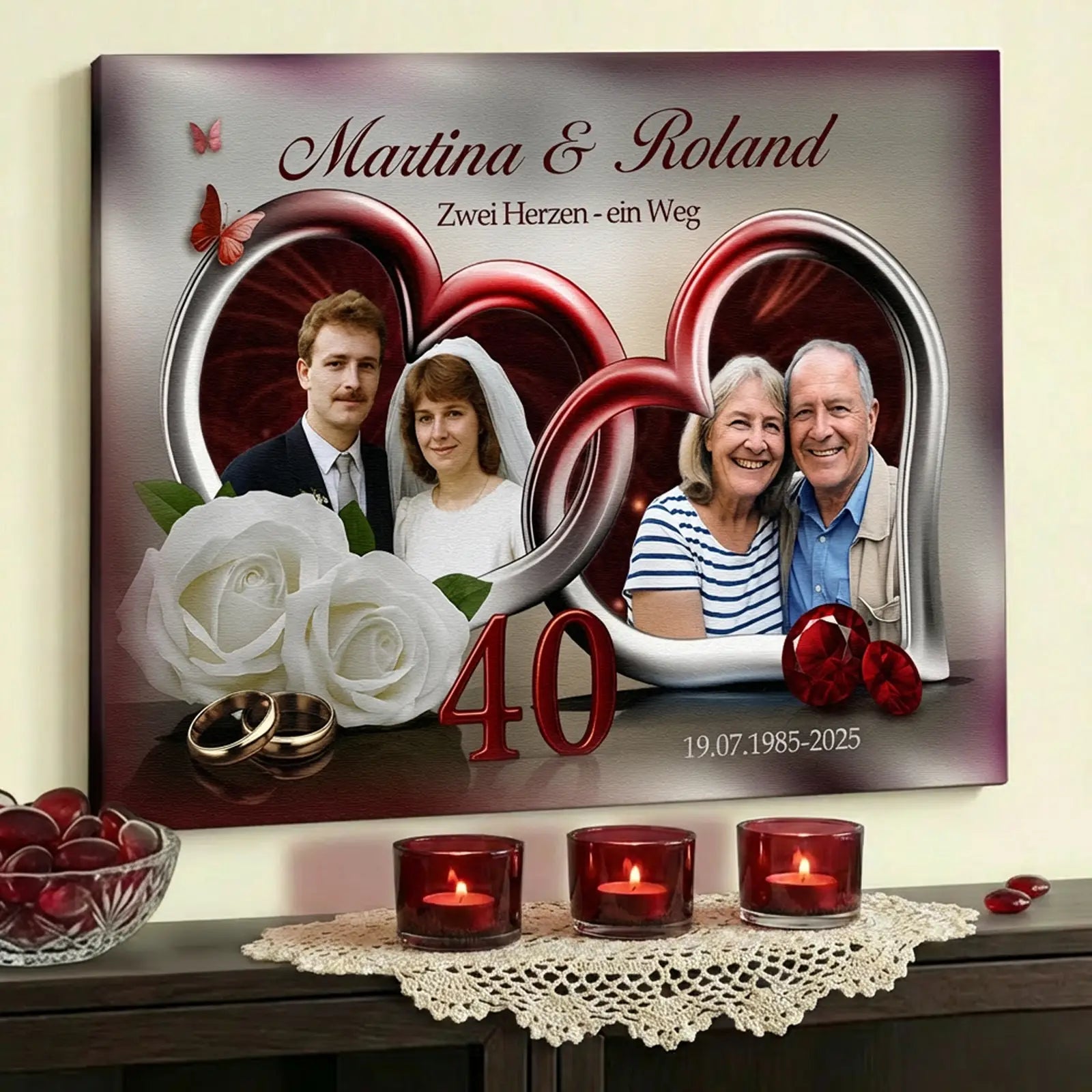 Rubinhochzeit - Individuelle Leinwand zur Rubinhochzeit mit Fotos und Herzen zur Feier von 40 Jahren Liebe. Exklusives Premiumgeschenk zum 40. Hochzeitstag.