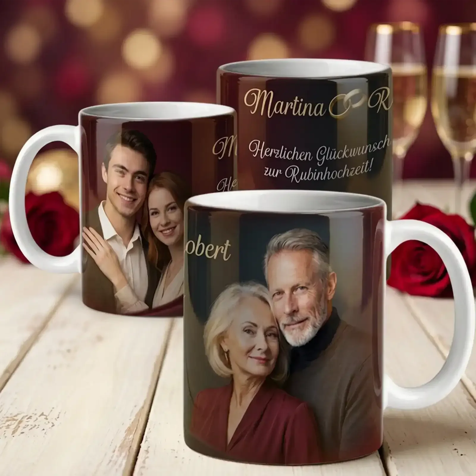 Geschenk zur Rubinhochzeit: Personalisierte Tasse mit Foto damals und heute zum 40. Hochzeitstag