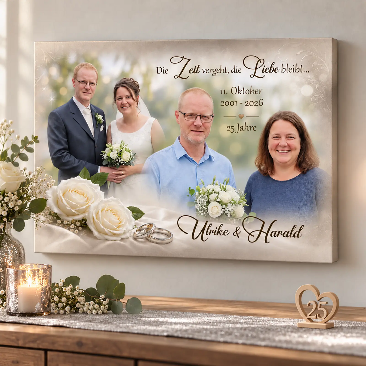 Geschenk zum 25. Hochzeitstag. Leinwand mit Fotos von damals und heute vereint in einer harmonischen Kombination aus Fotos, Namen und Datum. Hochwertiges Geschenk zur silbernen Hochzeit.