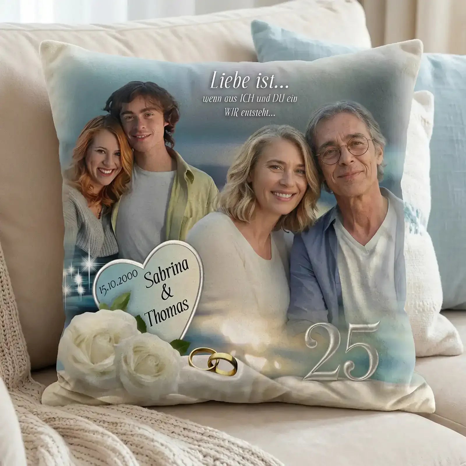 Geschenk zur Silbernen Hochzeit, originelles Kissen mit Foto und Namen zum 25. Hochzeitstag. Sabrina und Thomas