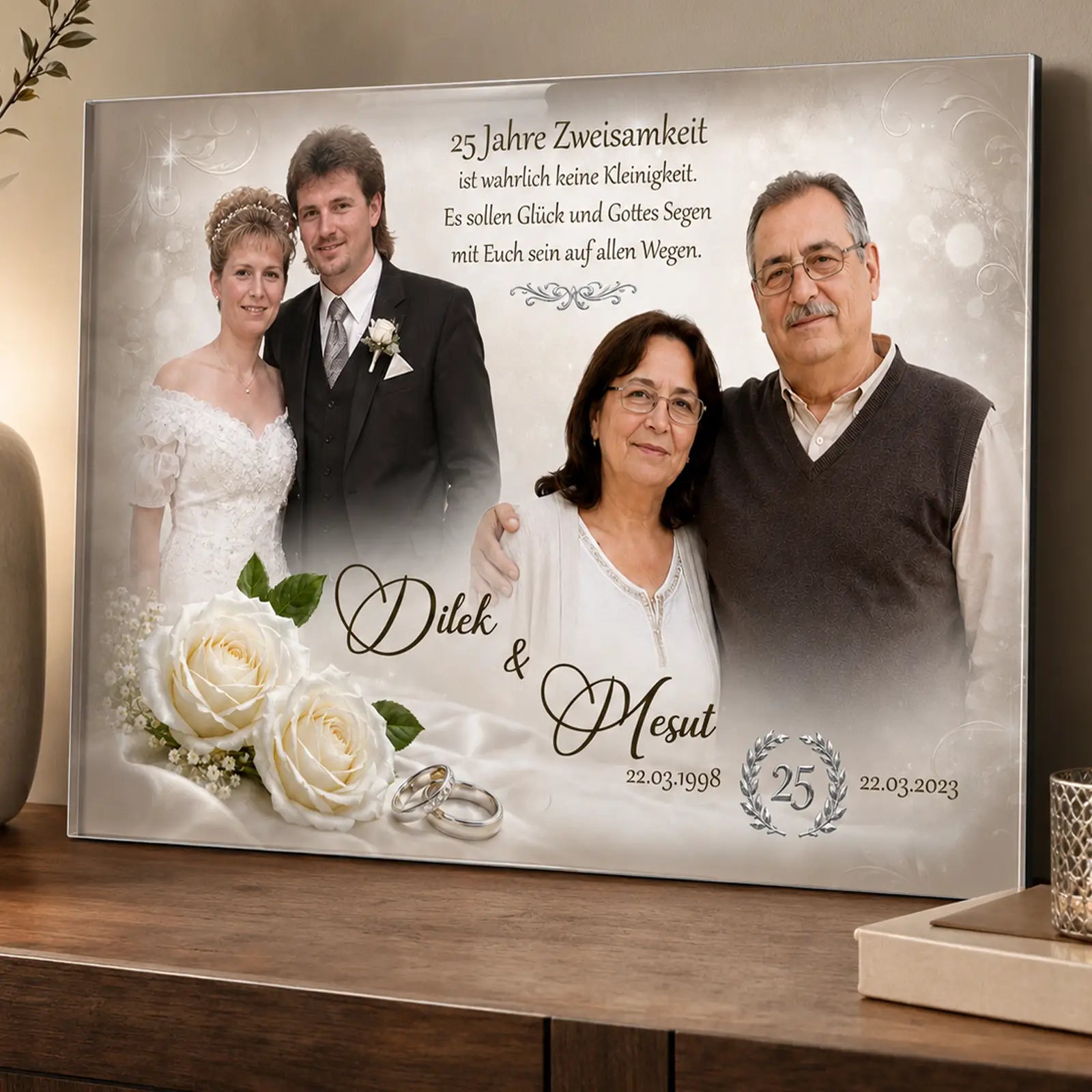 Geschenk zur silbernen Hochzeit. Fotos von damals und heute im Acrylglas mit Namen und Datum. Personalisiertes Geschenk zum 25. Hochzeitstag.