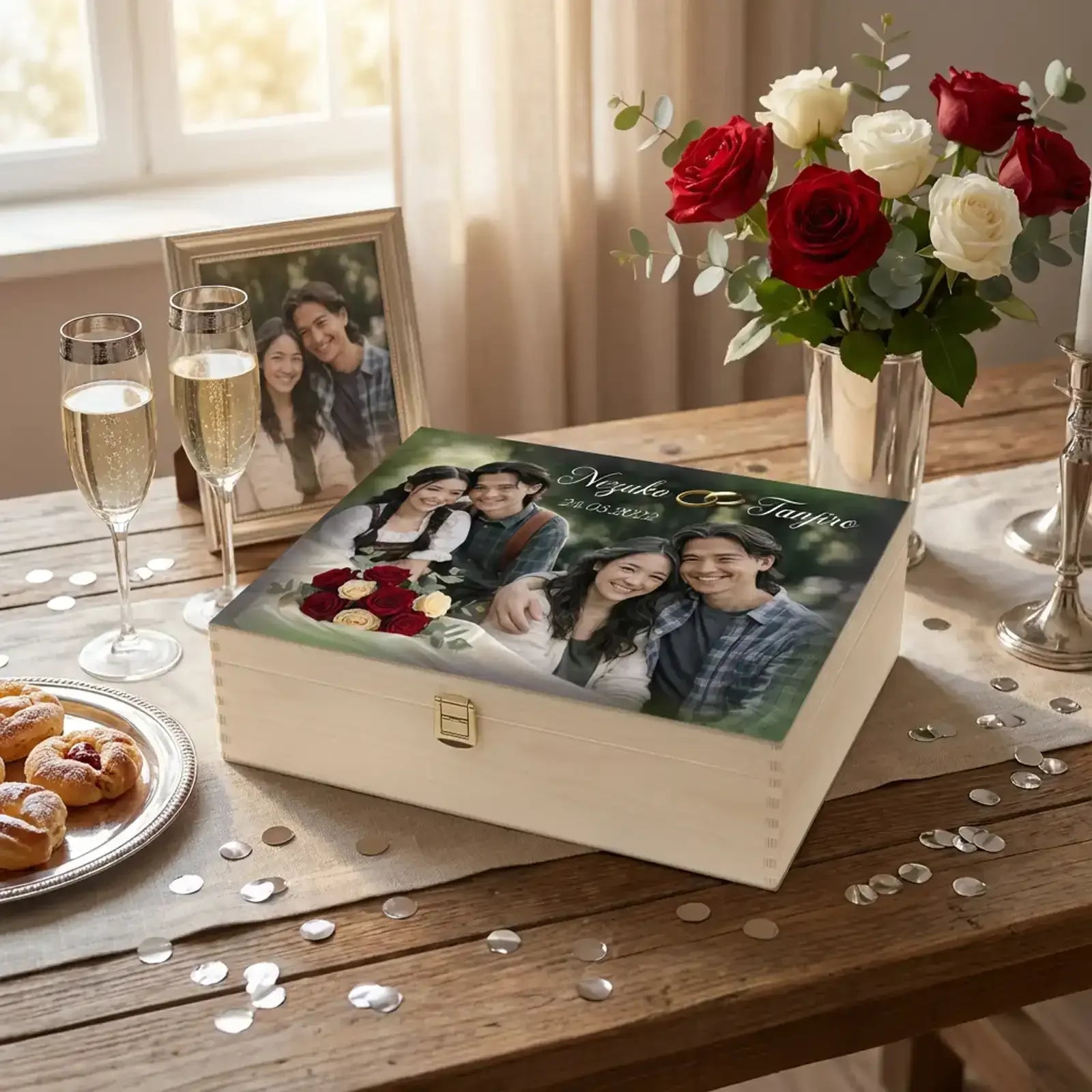 Geschenk zur Silbernen Hochzeit - personalisierte Holzbox mit Foto von damals und heute zum 25. Hochzeitstag. Nezuko und Tanjiro