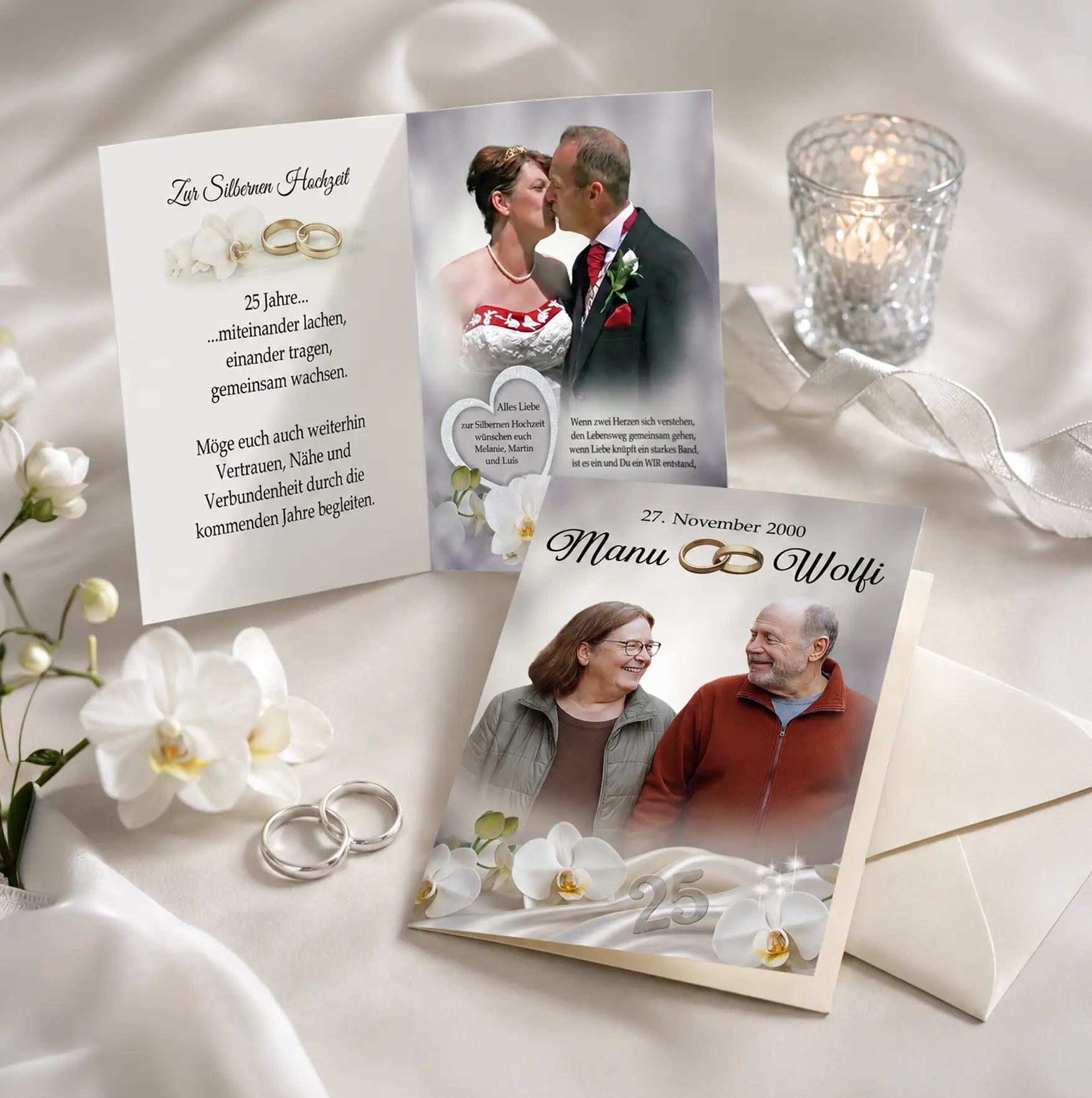 Persönliches Geschenk zur Silbernen Hochzeit, bezaubernde Grußkarte mit Fotos zum 25. Hochzeitstag. Personalisiert mit Namen, Hochzeitsdatum und Widmung.