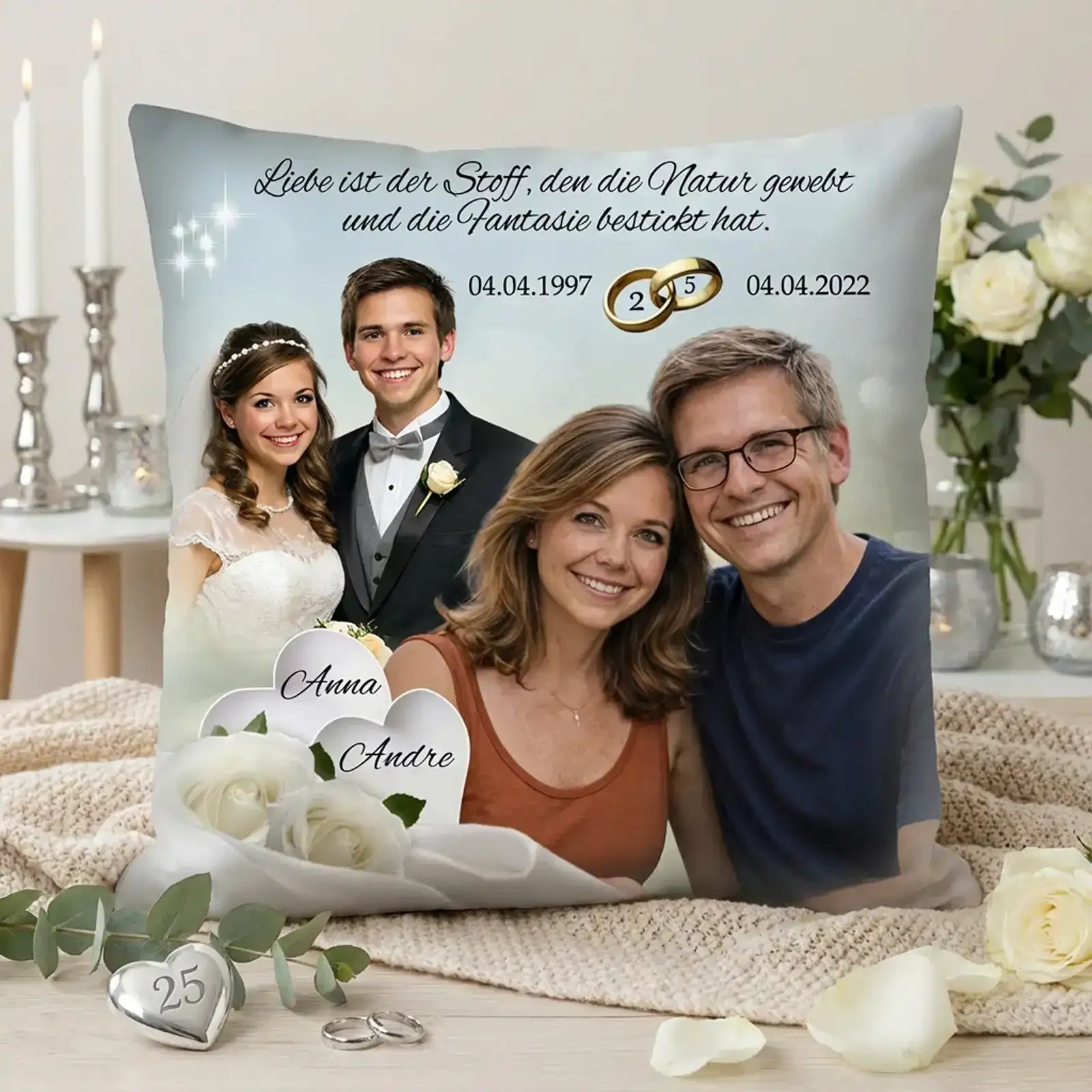 Geschenk zur Silbernen Hochzeit, originelles Kissen mit Foto und Namen zum 25. Hochzeitstag. Personalisiert und einzigartig.
