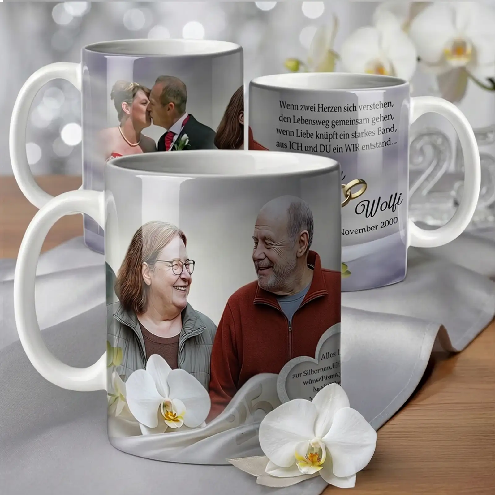 Geschenk zur Silbernen Hochzeit: Tasse mit Foto zum 25. Hochzeitstag, Manu und Wolfi