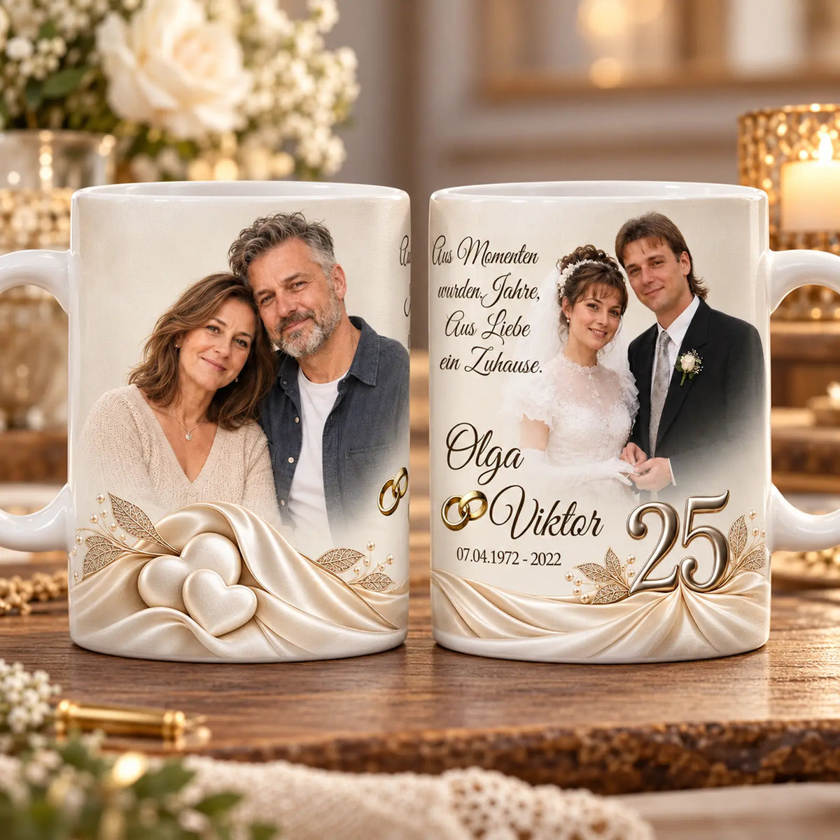 Geschenkidee zum silbernen Hochzeitstag. Tasse mit Fotos von damals und heute, eingebettet in bezauberndem Design. Außergewöhnliches Geschenk zum 25. Hochzeitstag.