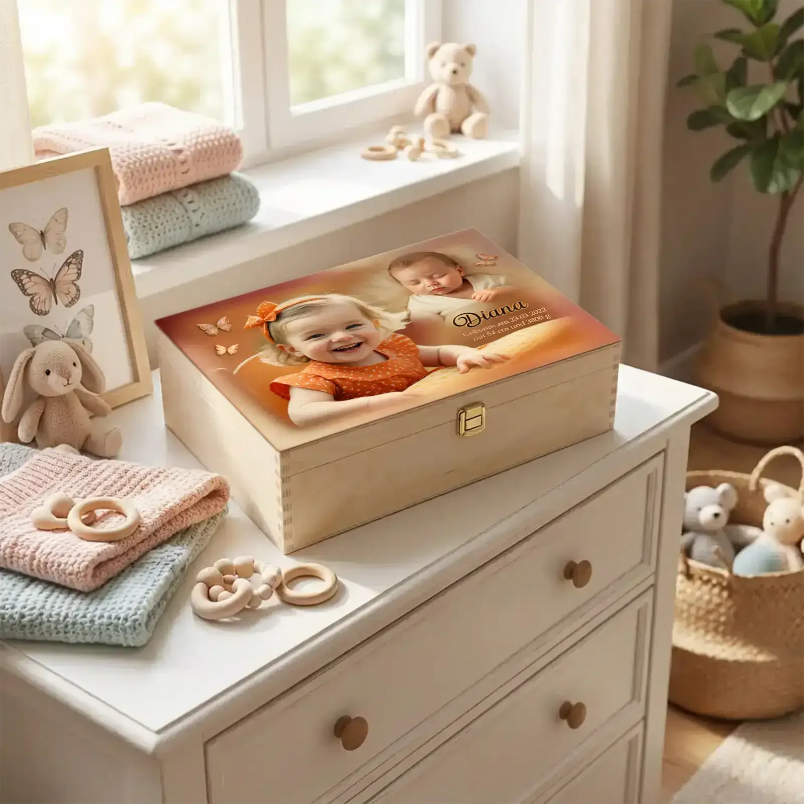 Diese individuell gestaltete Holzbox ist ein personalisiertes Geschenk zur Taufe und verbindet ein persönliches Foto mit den Daten des Kindes. Taufgeschenk