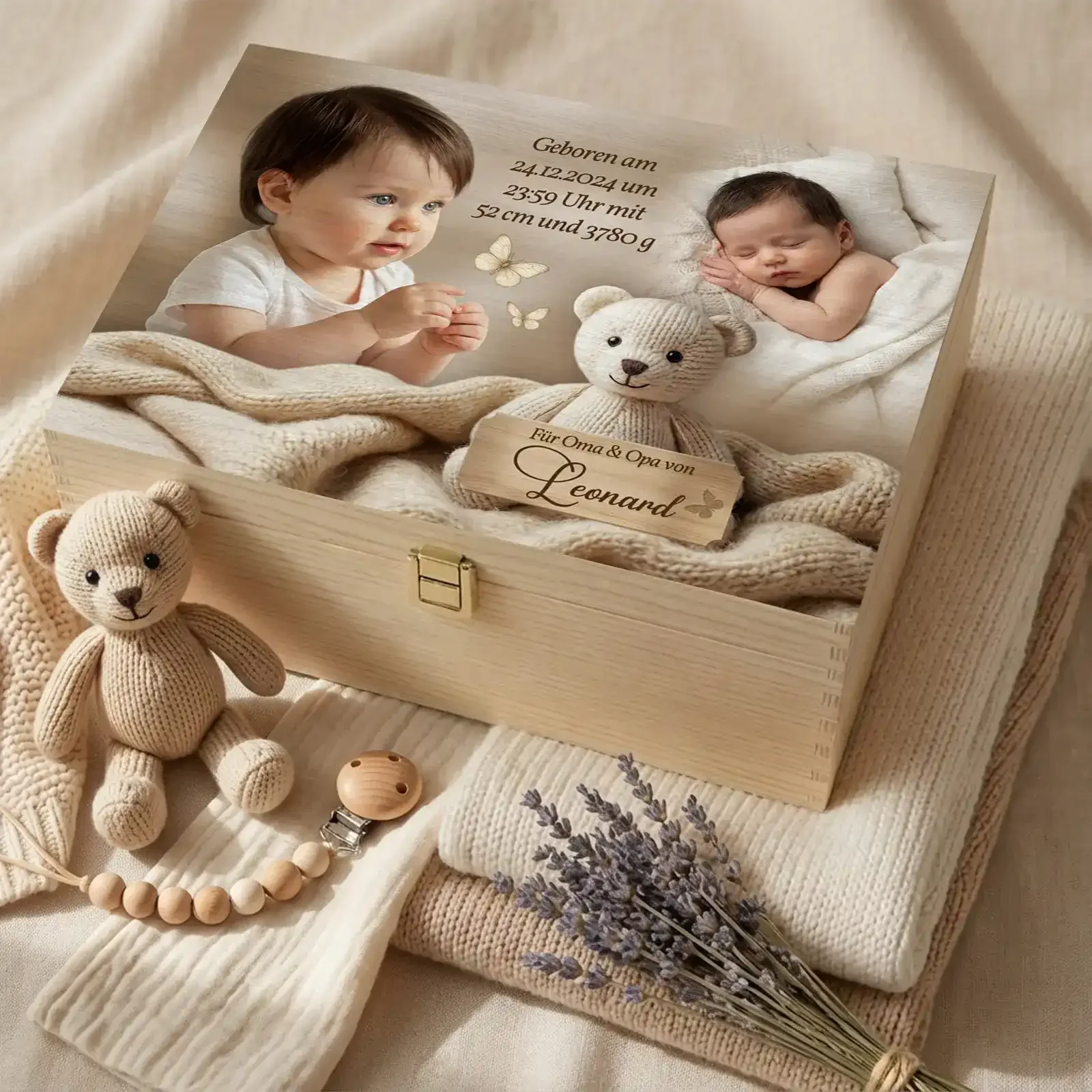 Eine bezaubernde Holzbox als Taufgeschenk, personalisiertes Geschenk zur Taufe mit Foto, Name und Datum für eine bleibende Erinnerung.