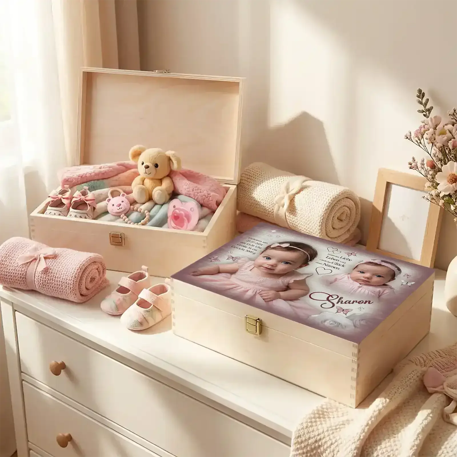 Diese Holzbox ist ein personalisiertes Geschenk zur Taufe und wird mit einem Foto sowie den Daten des Kindes individuell gestaltet.