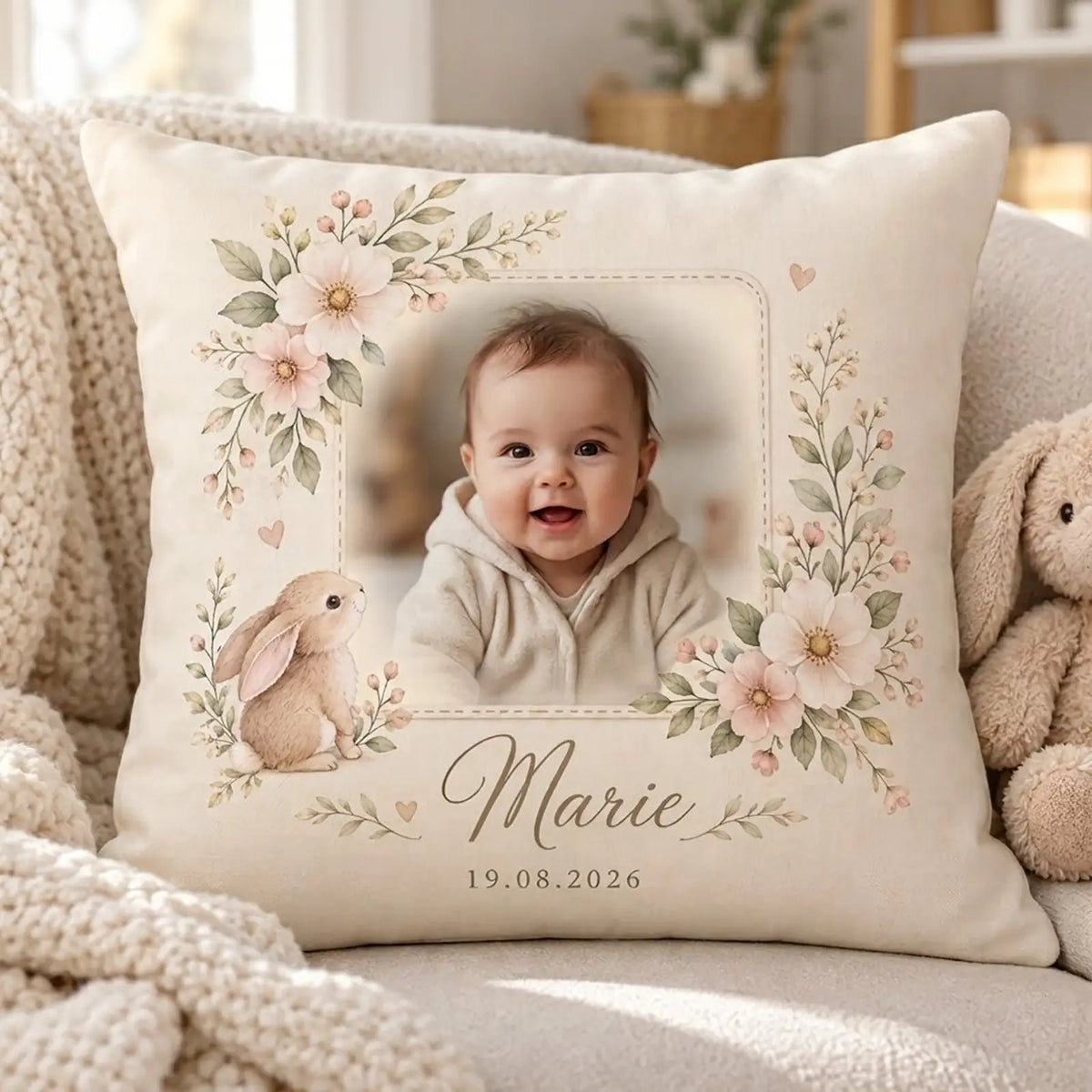 Personalisiertes Taufkissen mit nahtlos eingefügtem Babyfoto und Namen – Motiv Hase im Blumenkranz für Mädchen