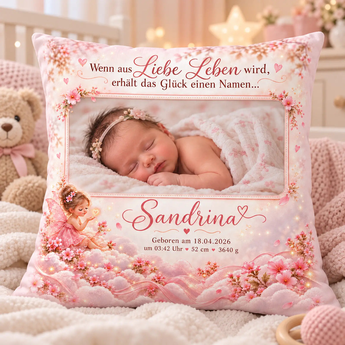 Personalisiertes Kissen zur Geburt mit perfekt eingebundenem Babyfoto – Motiv kleine Fee auf Wolken für Mädchen