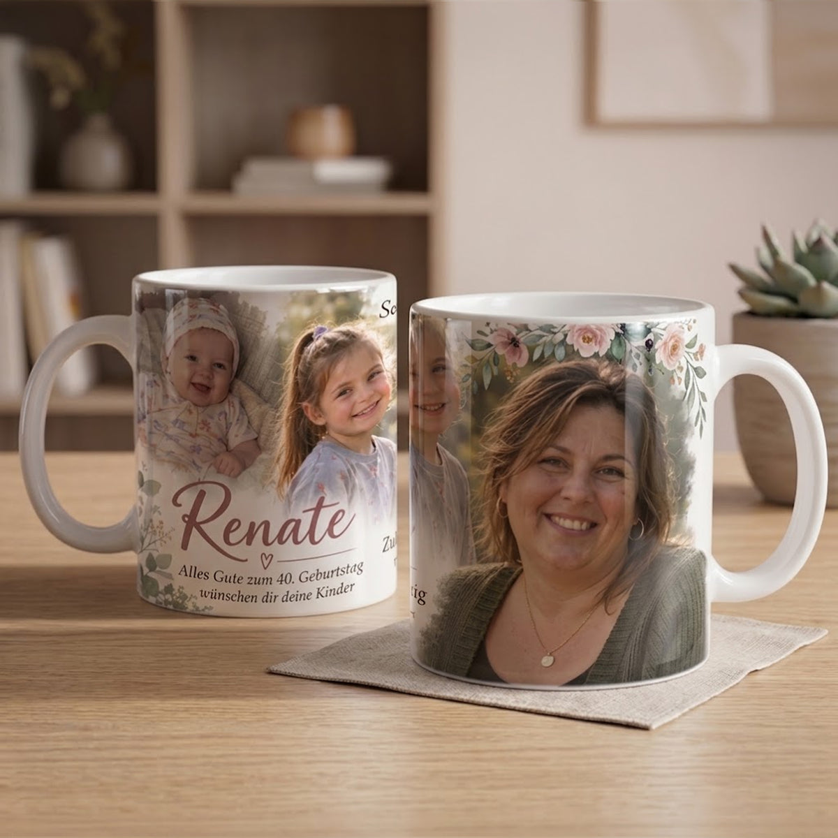 Personalisiertes Geschenk zum 40. Geburtstag: Exklusive Fototasse für Mama mit Blumenkranz, Kinderfotos und Widmung