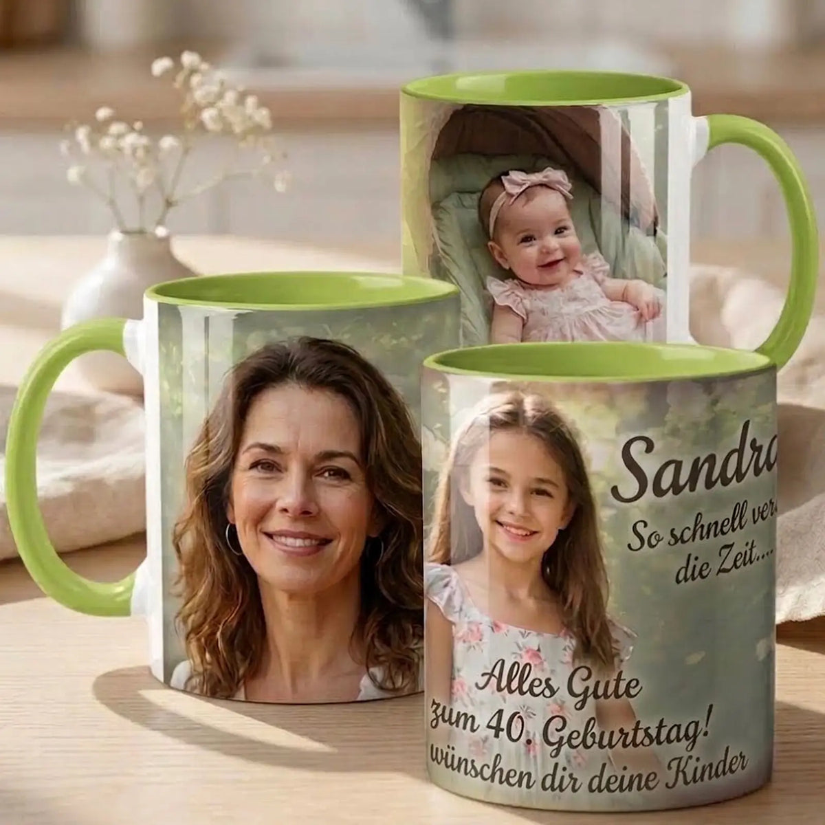Personalisiertes Geschenk zum 40. Geburtstag: Exklusive Fototasse für Mama mit Kinderfotos, Widmung und grüner Innenseite