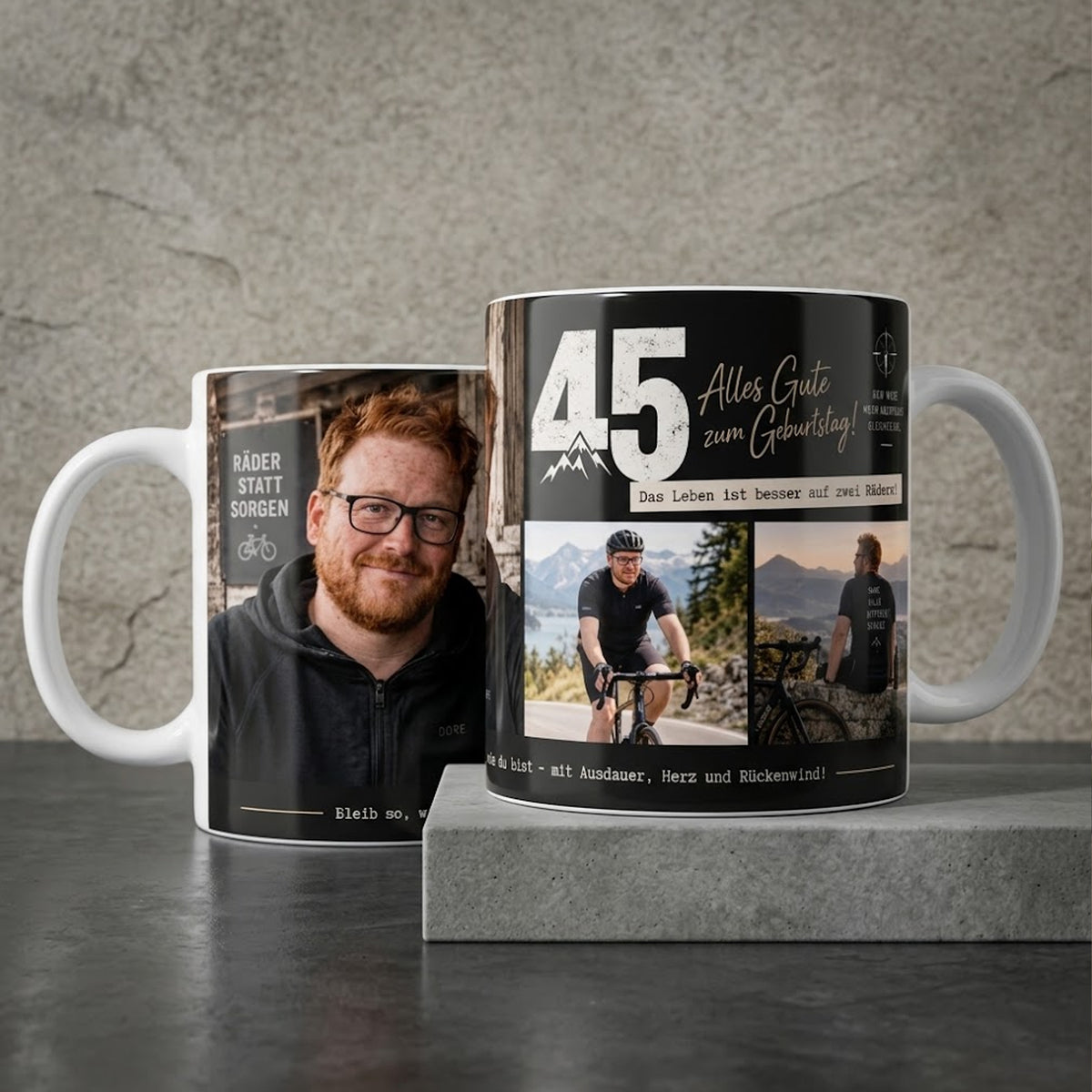 Personalisiertes Geschenk zum 45. Geburtstag: Exklusive Fototasse für Radfahrer mit Porträt, Rennrad-Fotos und Spruch