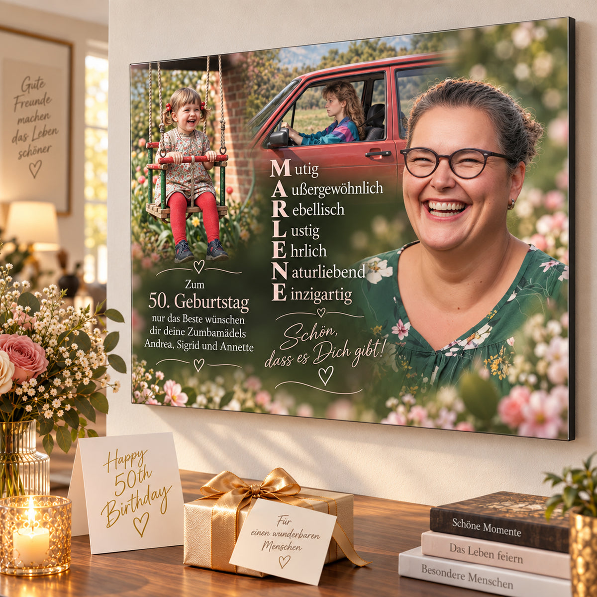 Premium Geschenk zum Geburtstag - Foto hinter Acrylglas mit unterschiedlichen Lebensjahren. Kleinkind, Teenager und Frau. Persönlich und individuell.