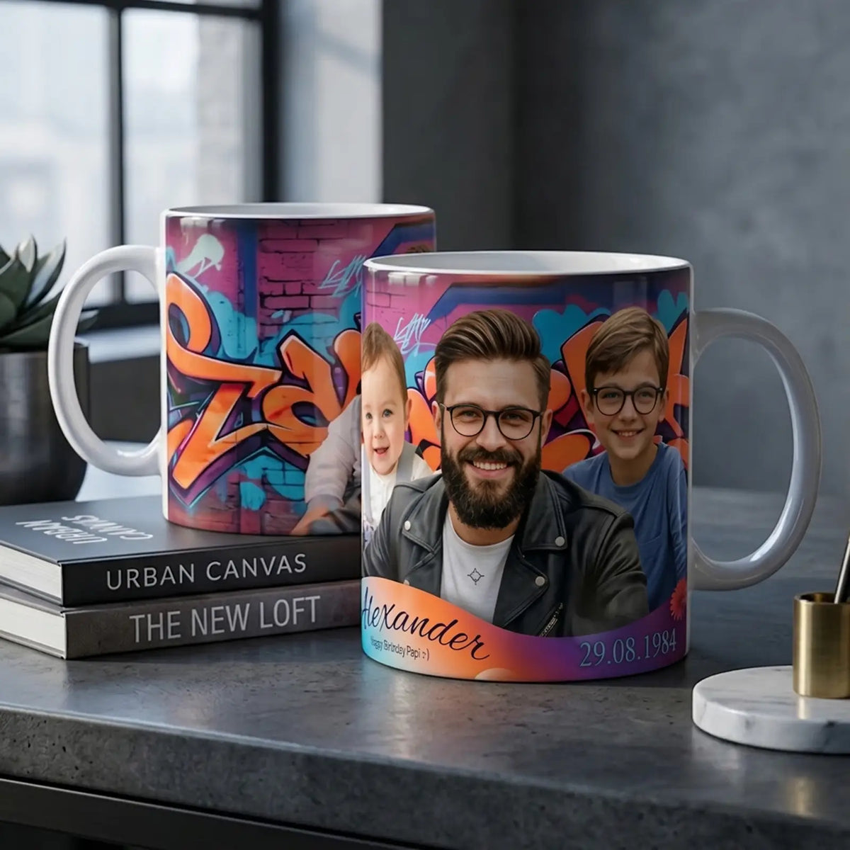 Personalisiertes Geschenk zum Geburtstag: Exklusive Fototasse für Papa mit Graffiti-Hintergrund, Familienfotos und Name
