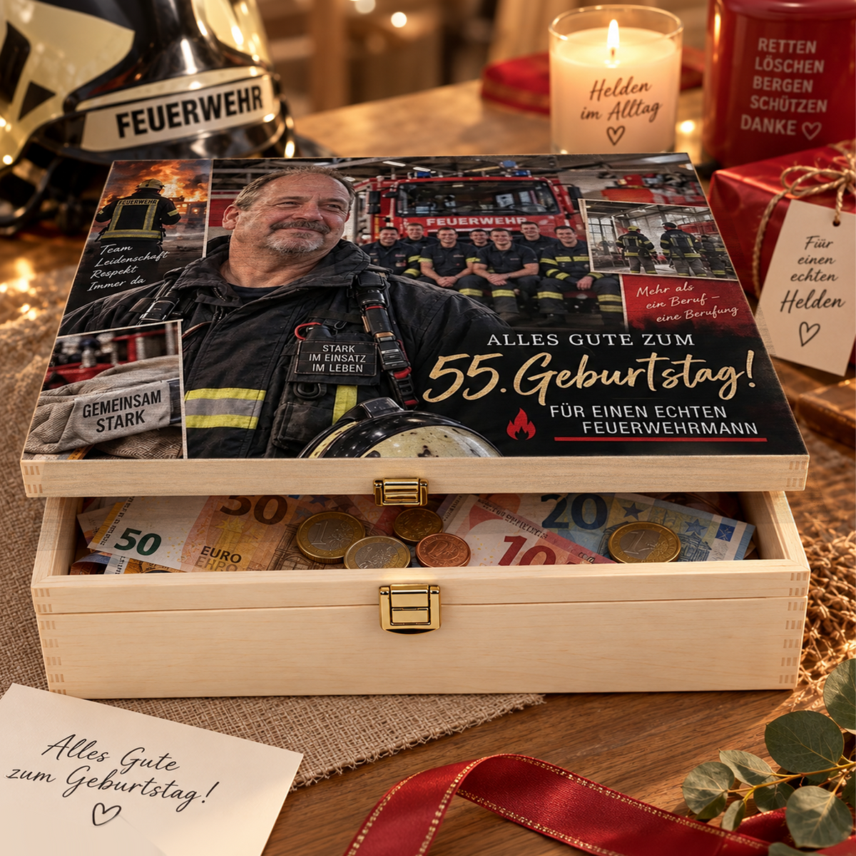 Personalisierte Holzbox zum 55. Geburtstag für einen Feuerwehrmann mit Feuerwehr-Collage auf dem Deckel, leicht geöffnet mit Geldscheinen und Münzen als Geldgeschenk.
