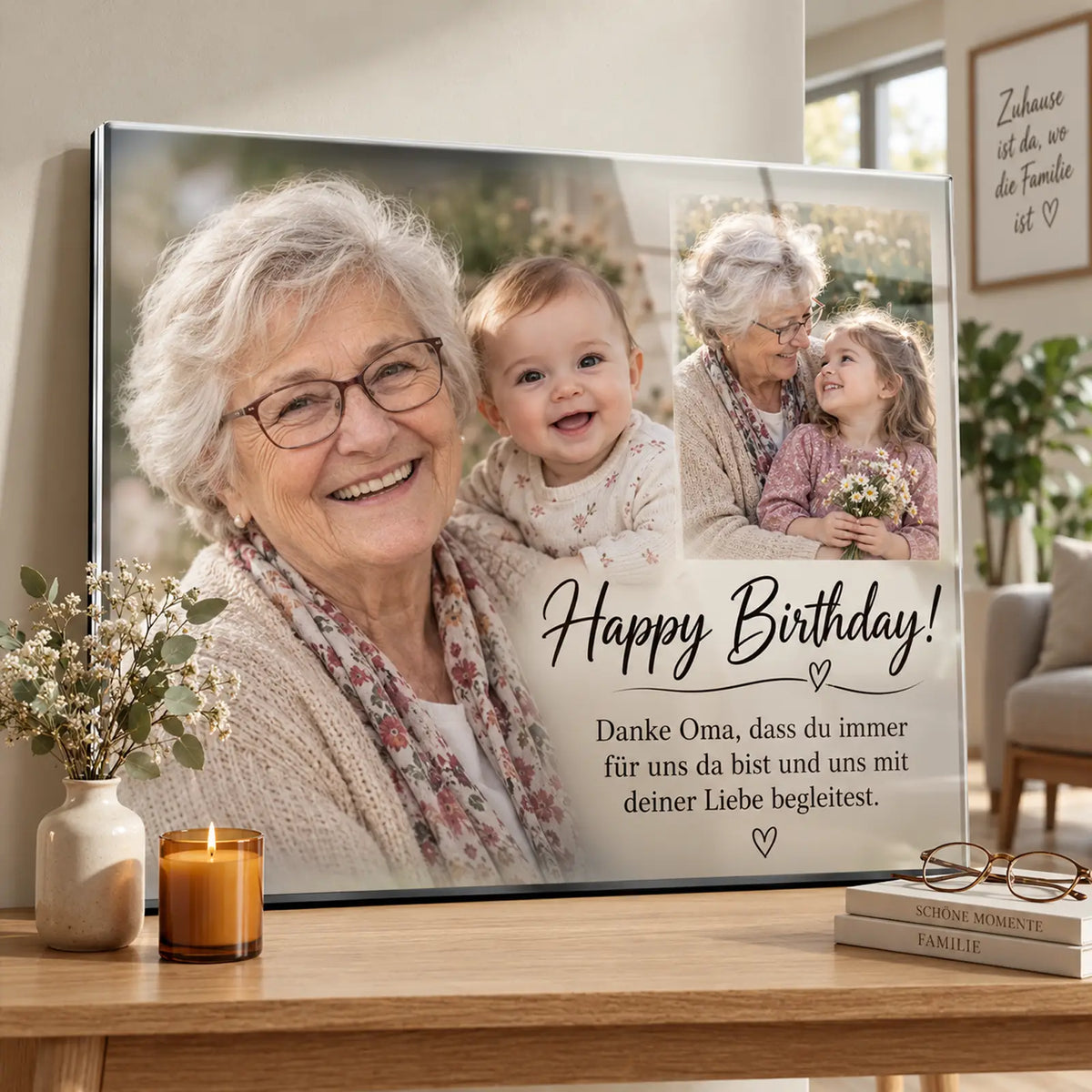 Hochwertiges Geschenk zum Geburtstag. Fotocollage hinter Acrylglas als besonderes Geschenk zum Jubiläum.
