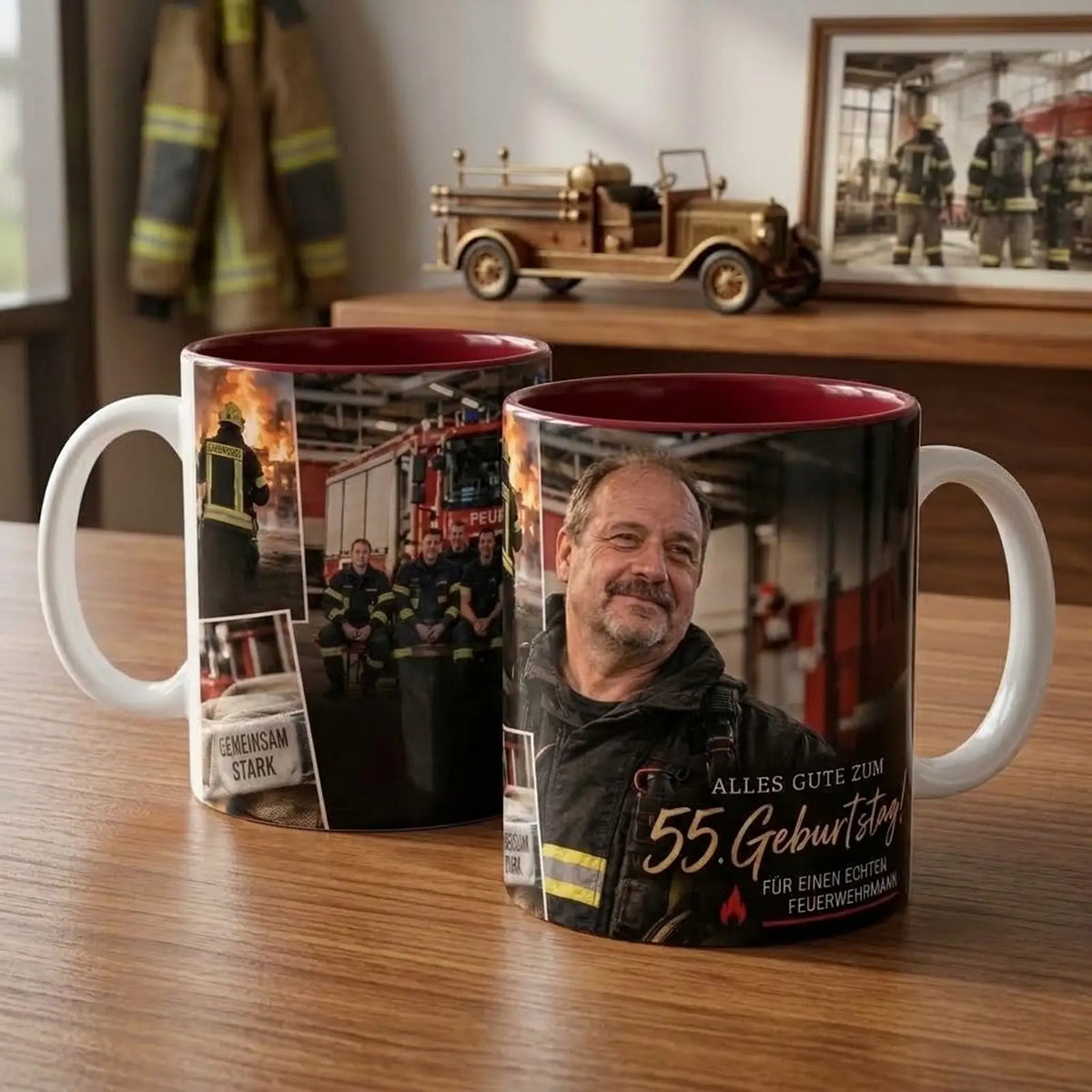 Personalisiertes Geschenk zum 55. Geburtstag: Exklusive Fototasse für Feuerwehrmänner mit Porträt, Löscheinsatz-Fotos und roter Innenseite