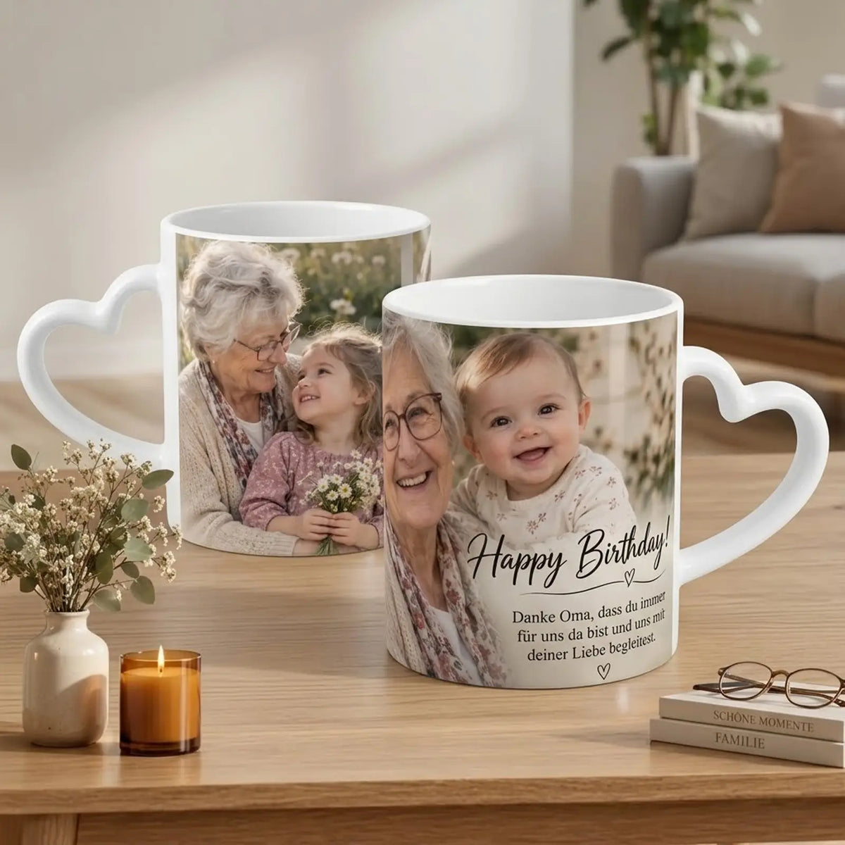 Personalisiertes Geschenk zum Geburtstag für Oma: Exklusive Fototasse mit Herzhenkel, Enkelkindern und liebevoller Widmung