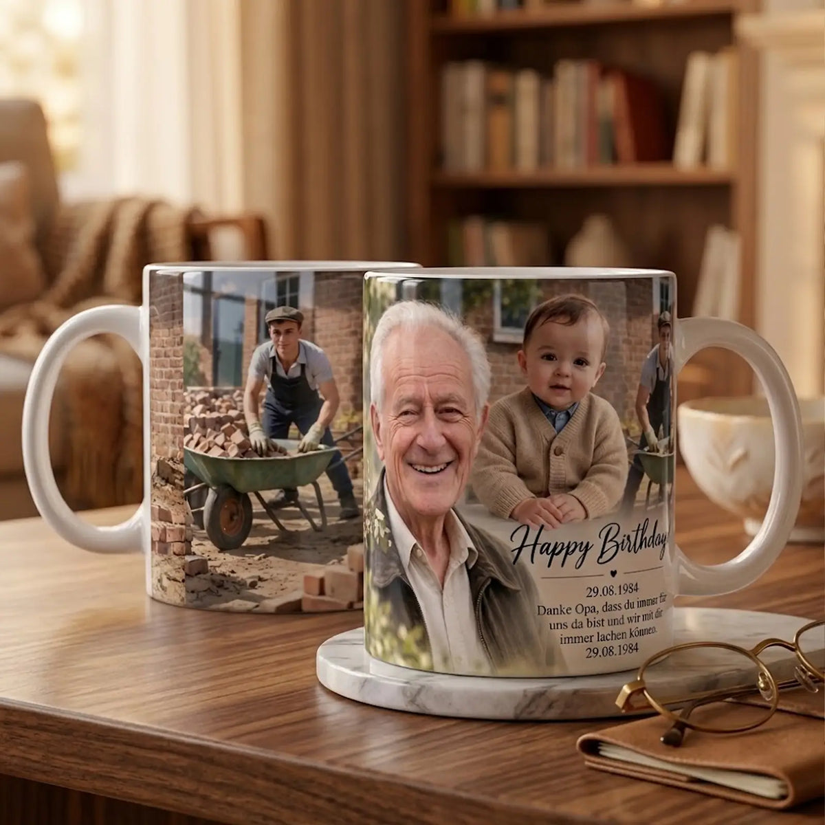 Personalisiertes Geschenk zum Geburtstag für Opa: Exklusive Fototasse mit Enkelkind, historischem Arbeitsfoto und Widmung