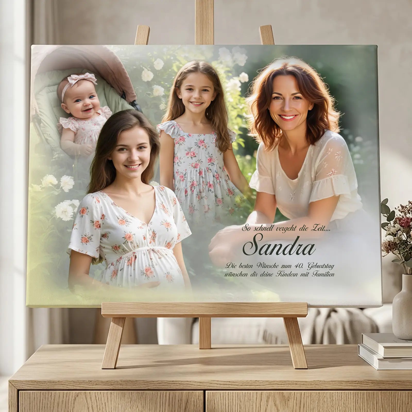 hochwertige Leinwand mit Foto und Namen als personalisiertes Geschenk zum Geburtstag, besonders durch echte Gestaltung statt Standarddruck