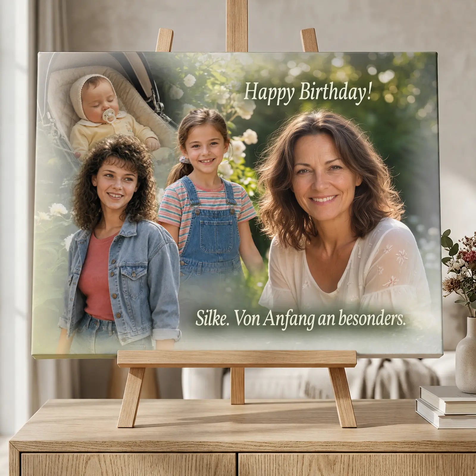 hochwertige Leinwand mit Foto und Namen als personalisiertes Geschenk zum Geburtstag, besonders durch echte Gestaltung statt Standarddruck