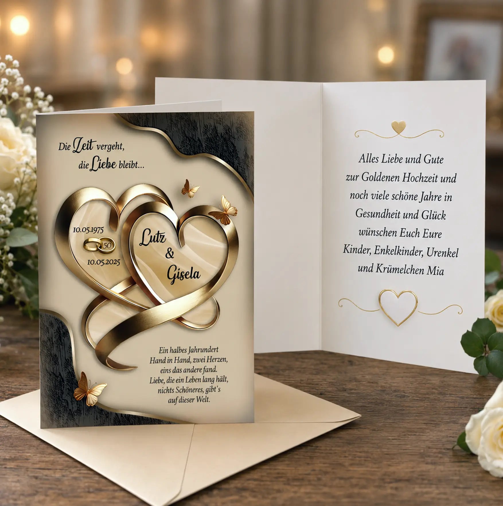 persönliche Glückwünsche zur Goldenen Hochzeit. Grußkarte mit Motiv, Namen, Datum, Spruch und Widmung zum 50. Hochzeitstag. Jede Karte ein Einzelstück.
