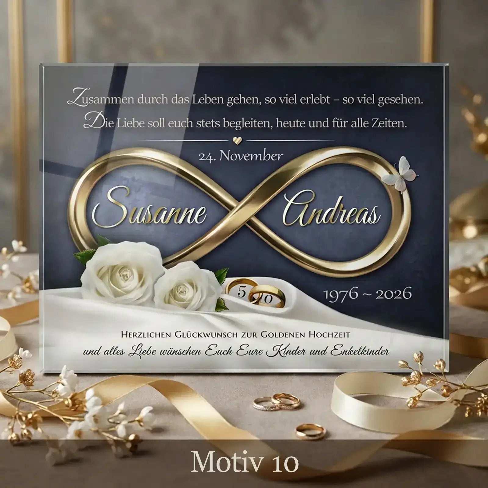 personalisiertes Acrylglasbild als Geschenk zur Goldenen Hochzeit mit Namen, Datum und edlem Infinity Motiv