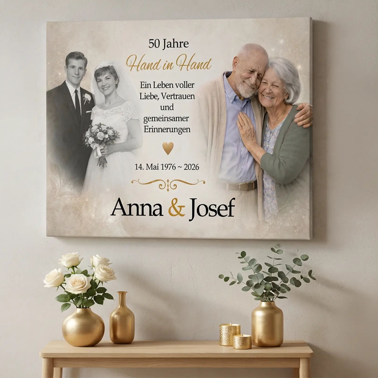 Personalisierte Leinwand zur Goldenen Hochzeit mit altem Hochzeitsfoto, aktuellem Paarfoto, Namen und Datum als Geschenk zum 50. Hochzeitstag.