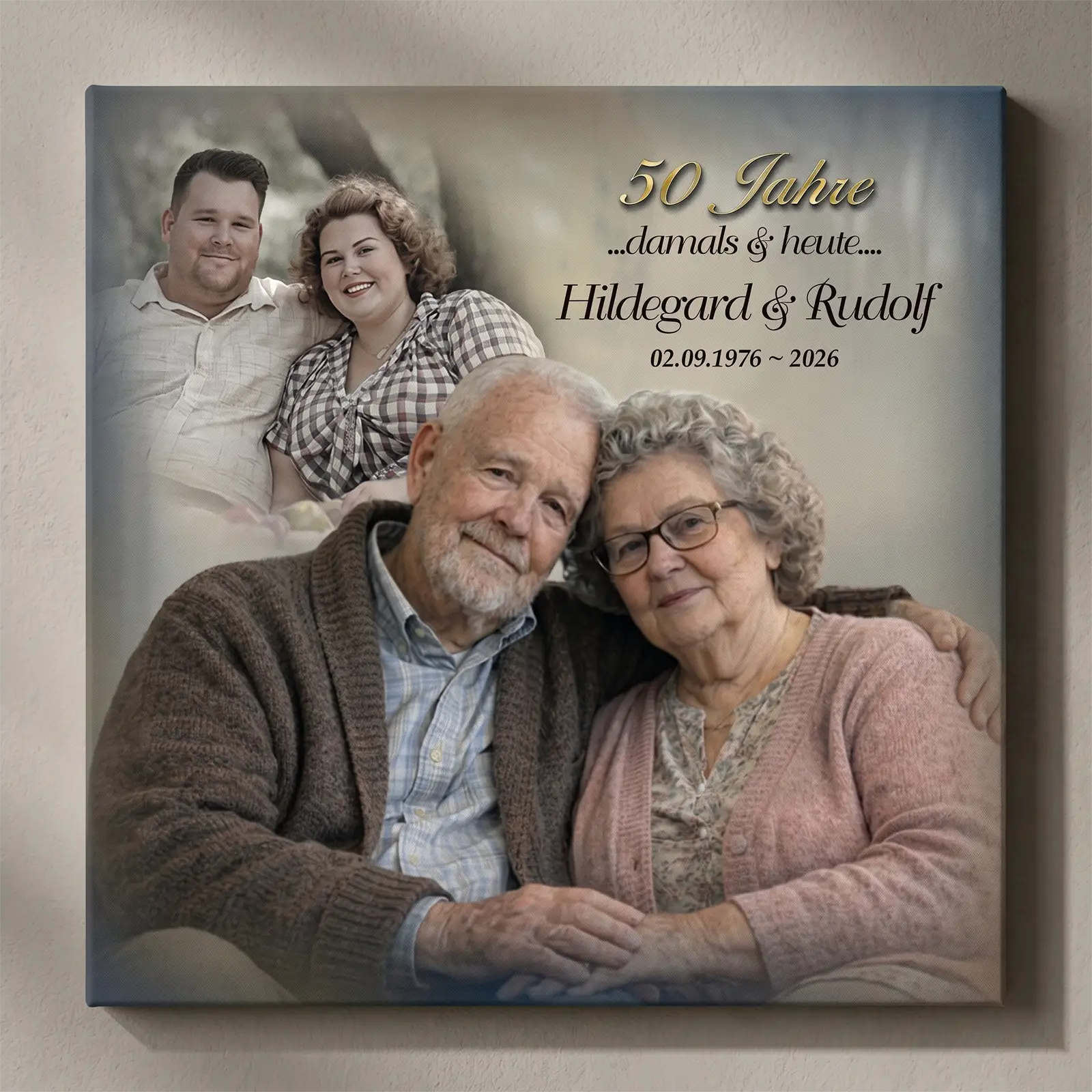 Einache Vorschau für eine Personalisierte Leinwand zur Goldenen Hochzeit mit Foto, Namen und Datum – Geschenk zum 50. Hochzeitstag