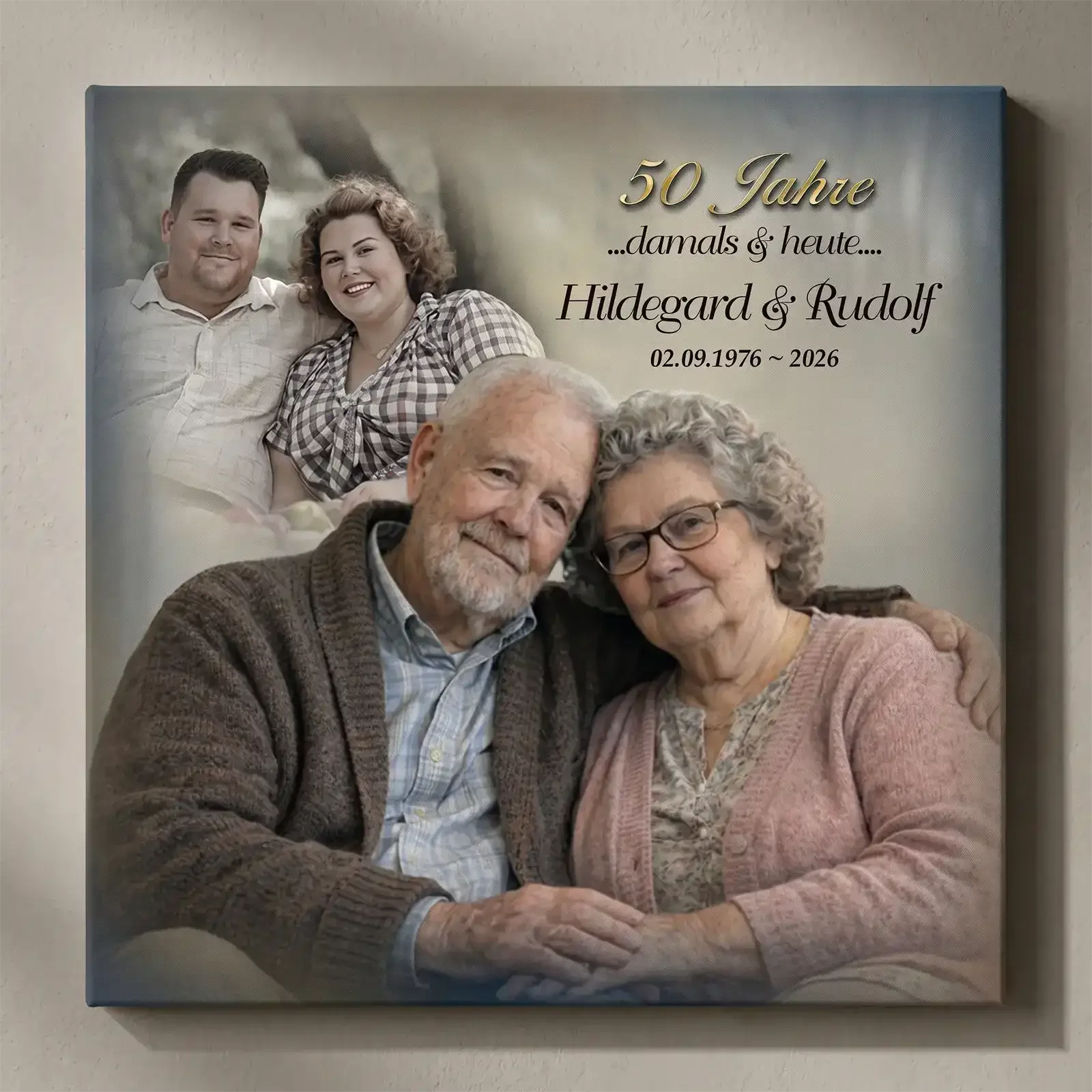 Einache Vorschau für eine Personalisierte Leinwand zur Goldenen Hochzeit mit Foto, Namen und Datum – Geschenk zum 50. Hochzeitstag